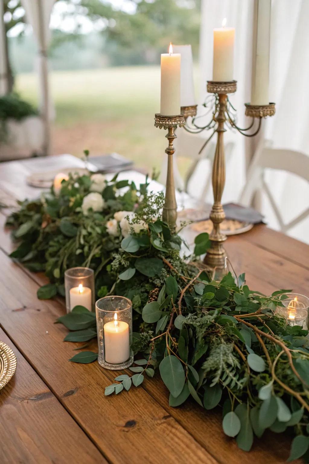 Greenery intermingled with lights producing a harmonious centerpiece.