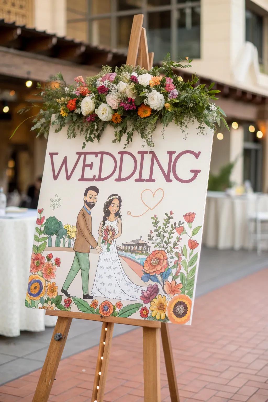 An illustrated likeness board provides a one-of-a-kind, personal memento of your wedding.