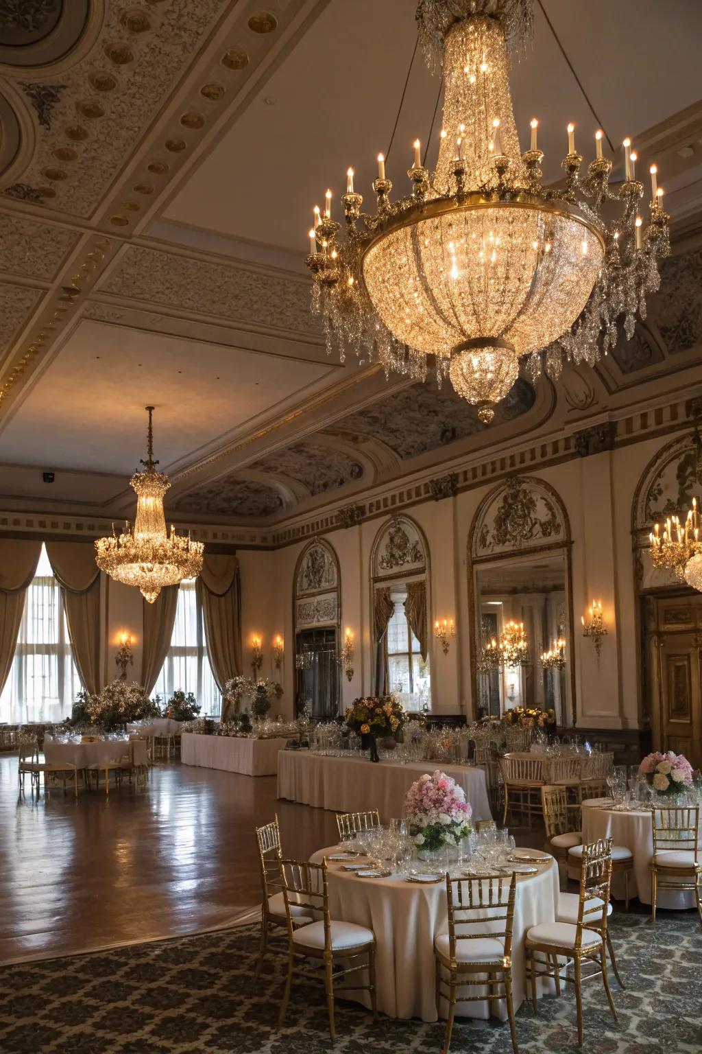 A luxurious ballroom venue, complete with radiant chandeliers and graceful decor.