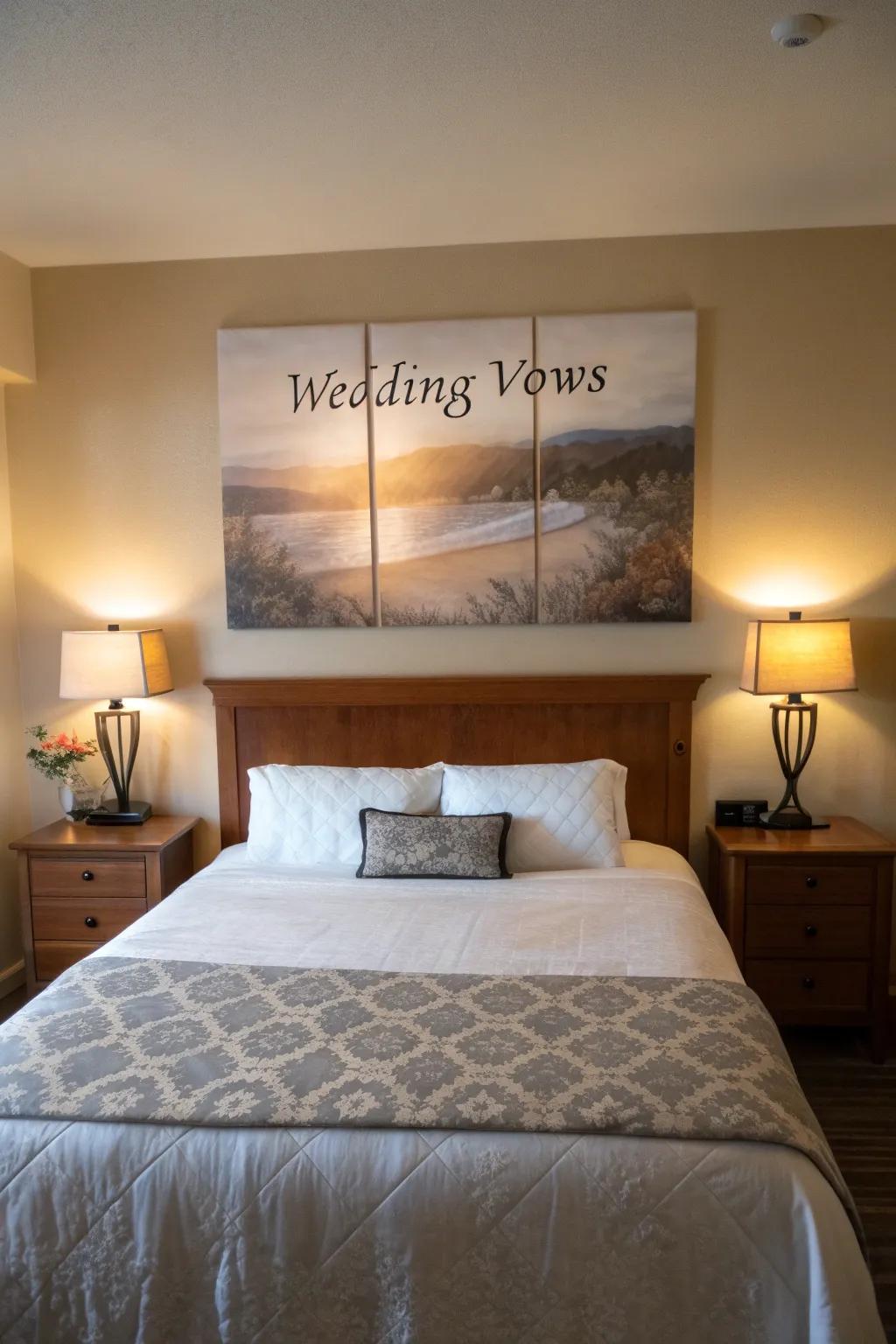 Dreamlike canvas prints displaying vows above a snug bed.