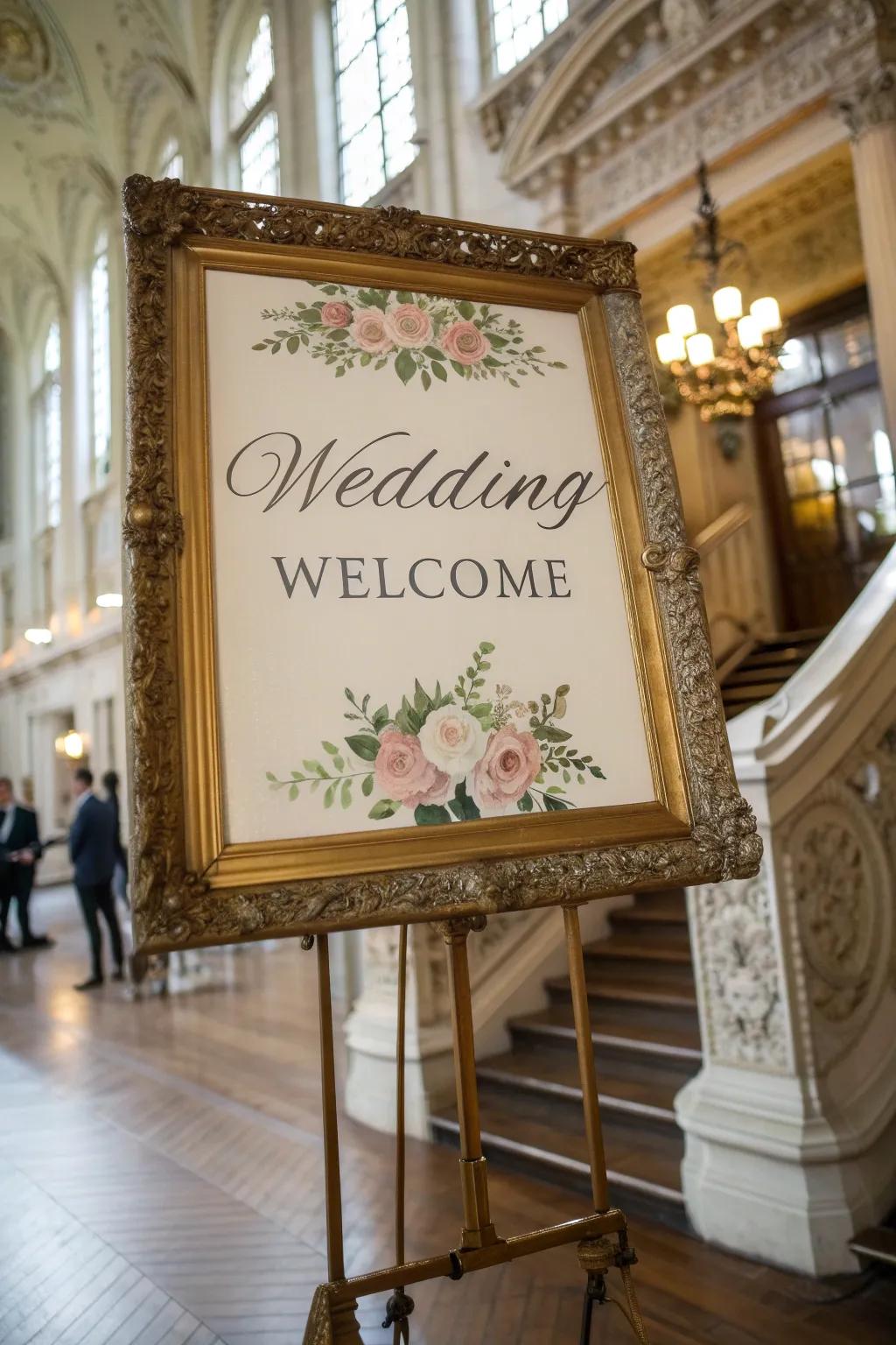 A vintage-style welcome board in an ornate frame, a great fit for a historical venue.