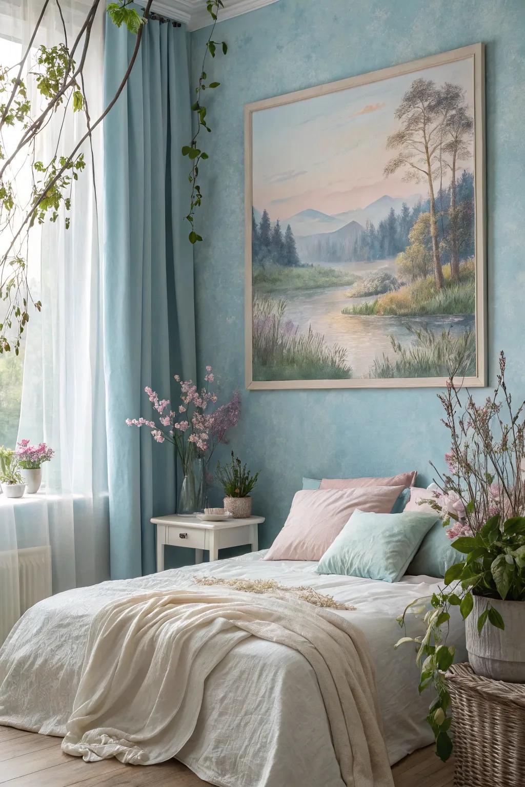 An ethereal water-based media painting creating a serene atmosphere in a bedroom.