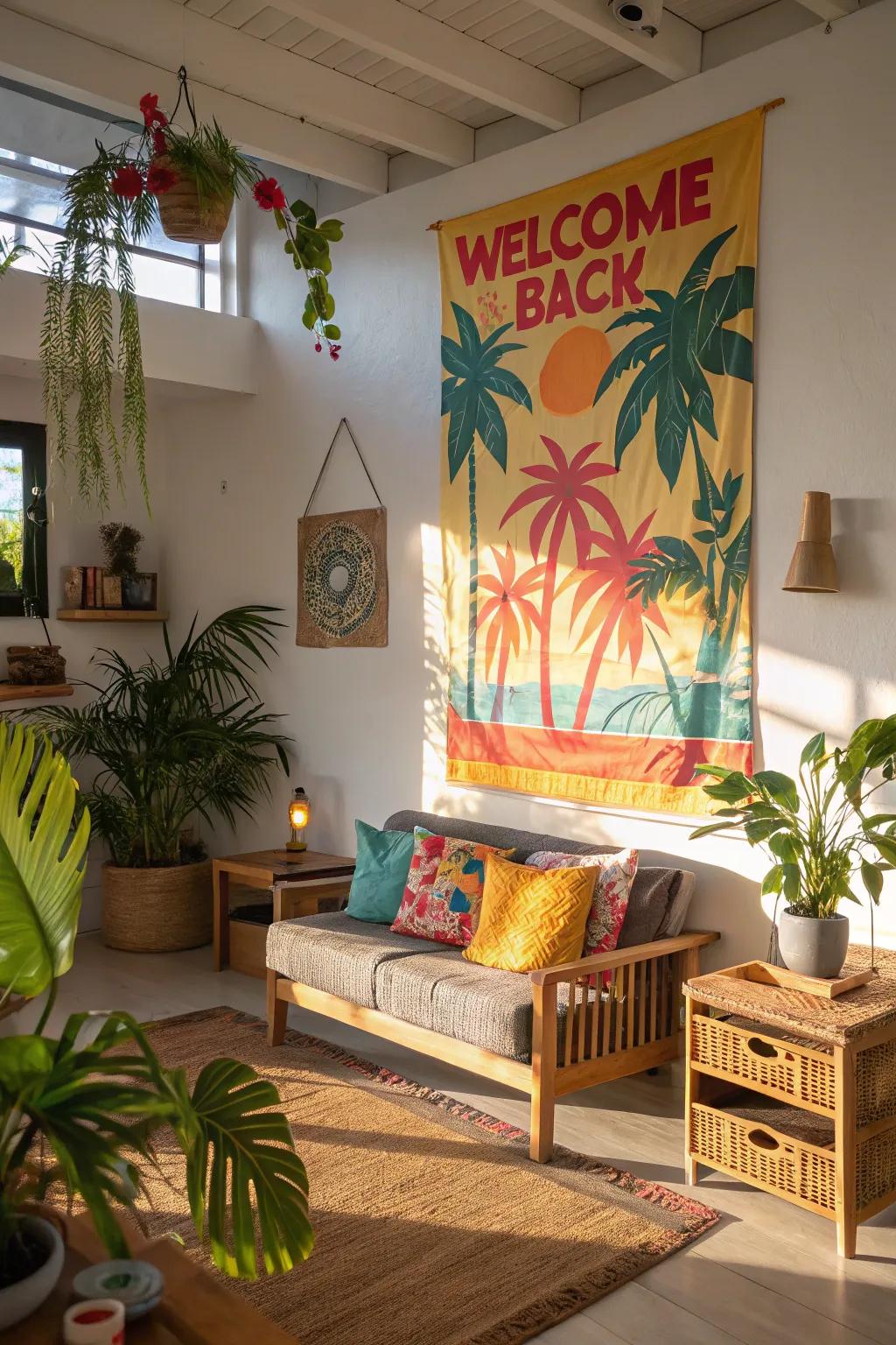 An exotic-themed poster carries a sunny vibe to the living room.