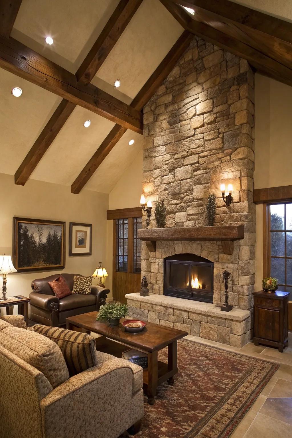 Natural touches like stone and wood bring the outdoors inside.