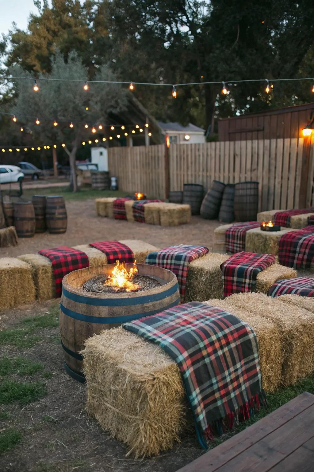 Fodder packs provide rustic and cozy seating choices.