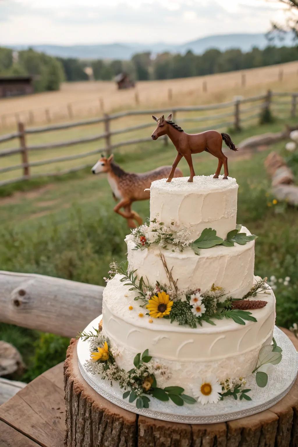 Cake crowned with western fauna figurines.