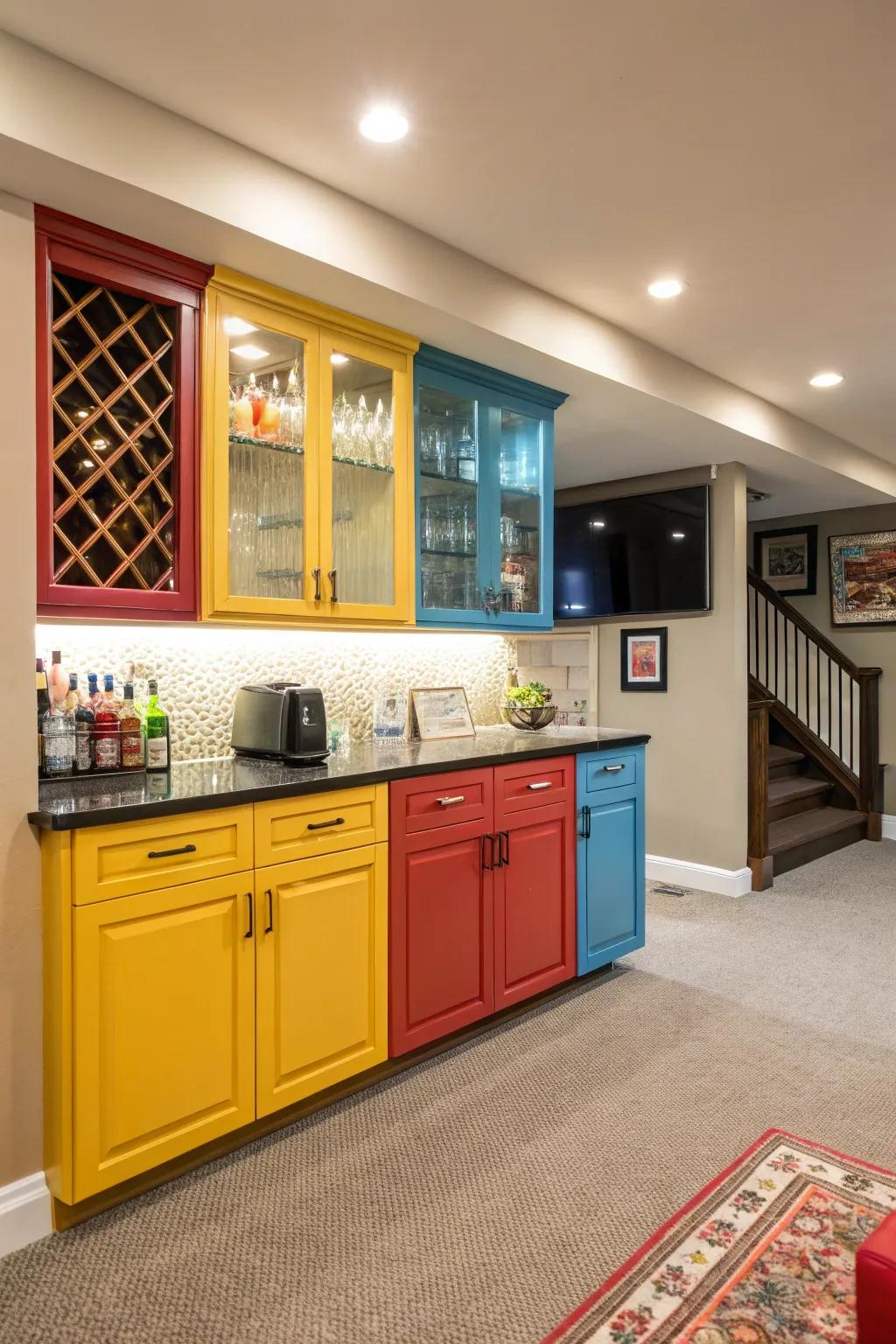 Bold cabinet colors can add vibrancy and personality to your basement wet bar.