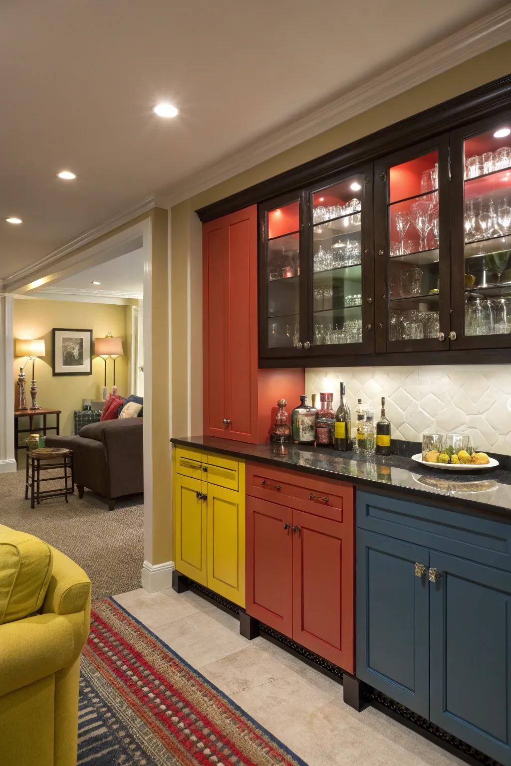 Create a statement using bold cabinet colors.
