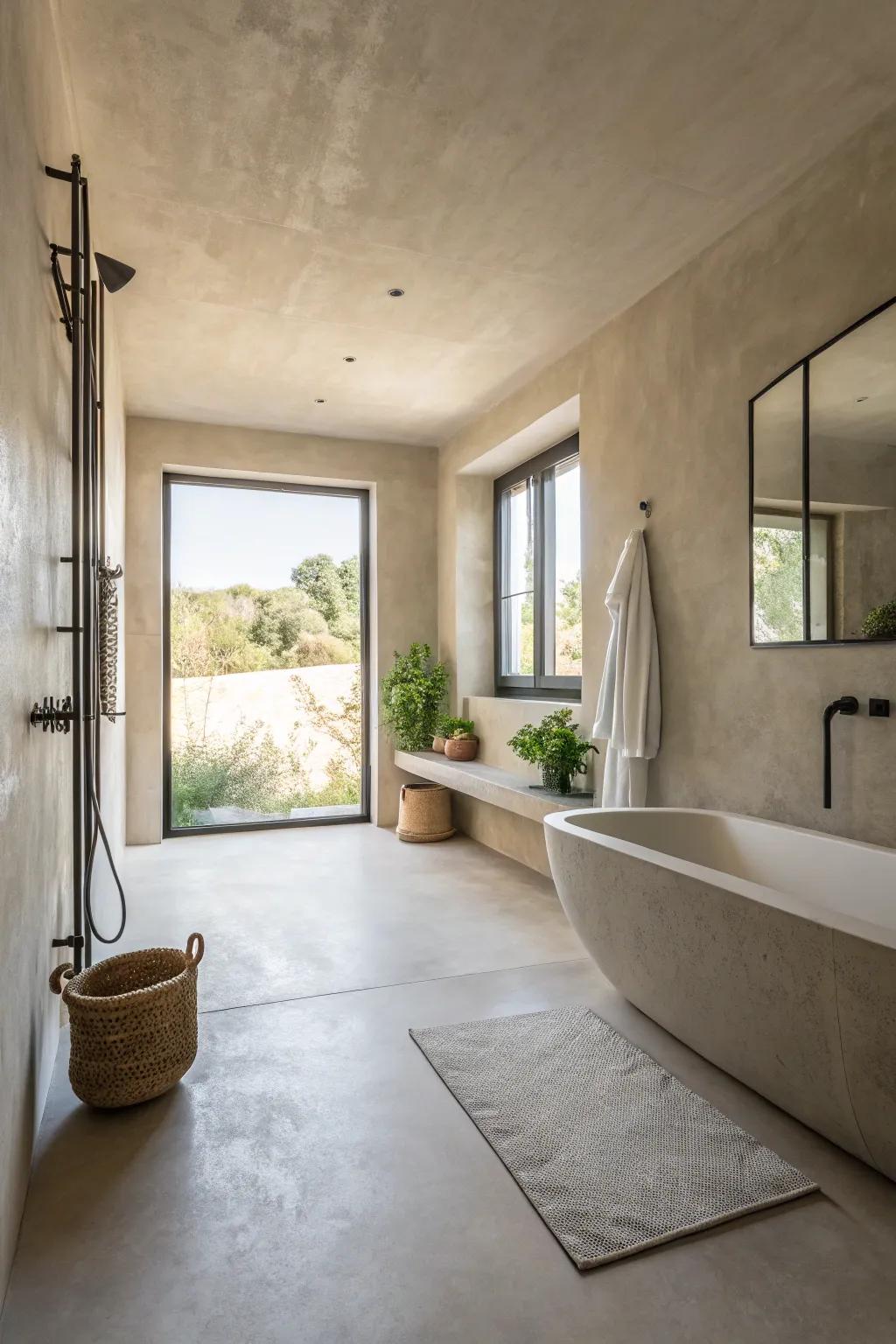 Fine cement establishes a polished, unbroken finish in wet rooms.