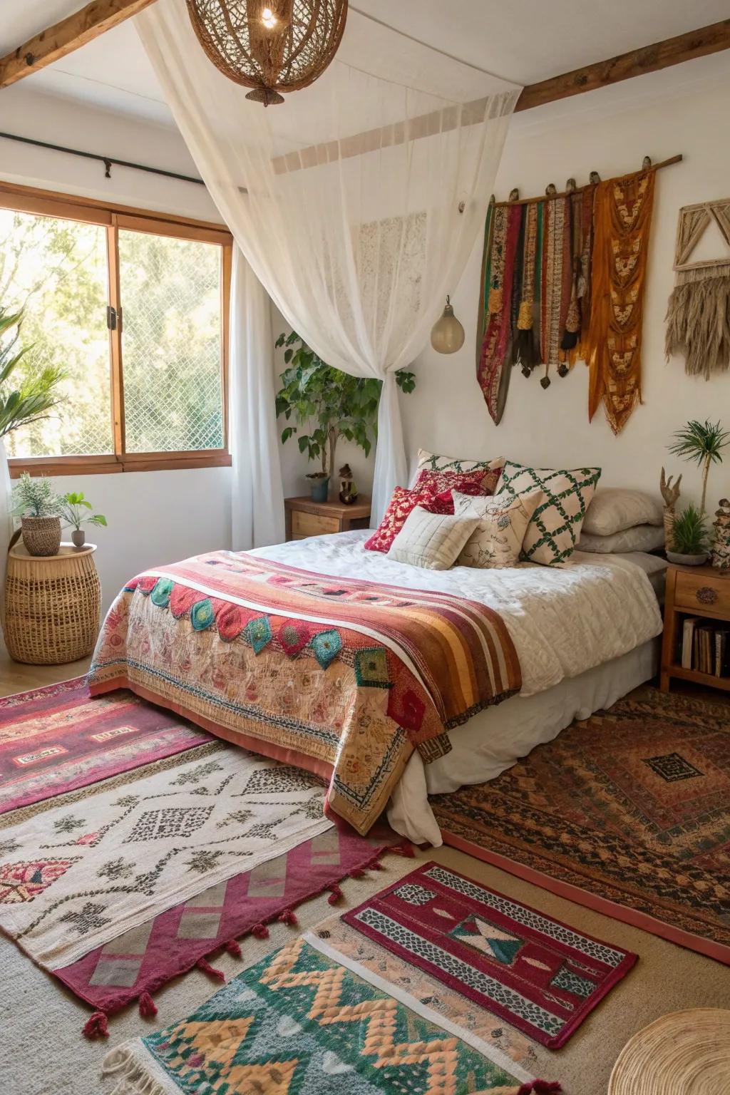 Boho bedroom showcasing an assortment of textures and patterns.