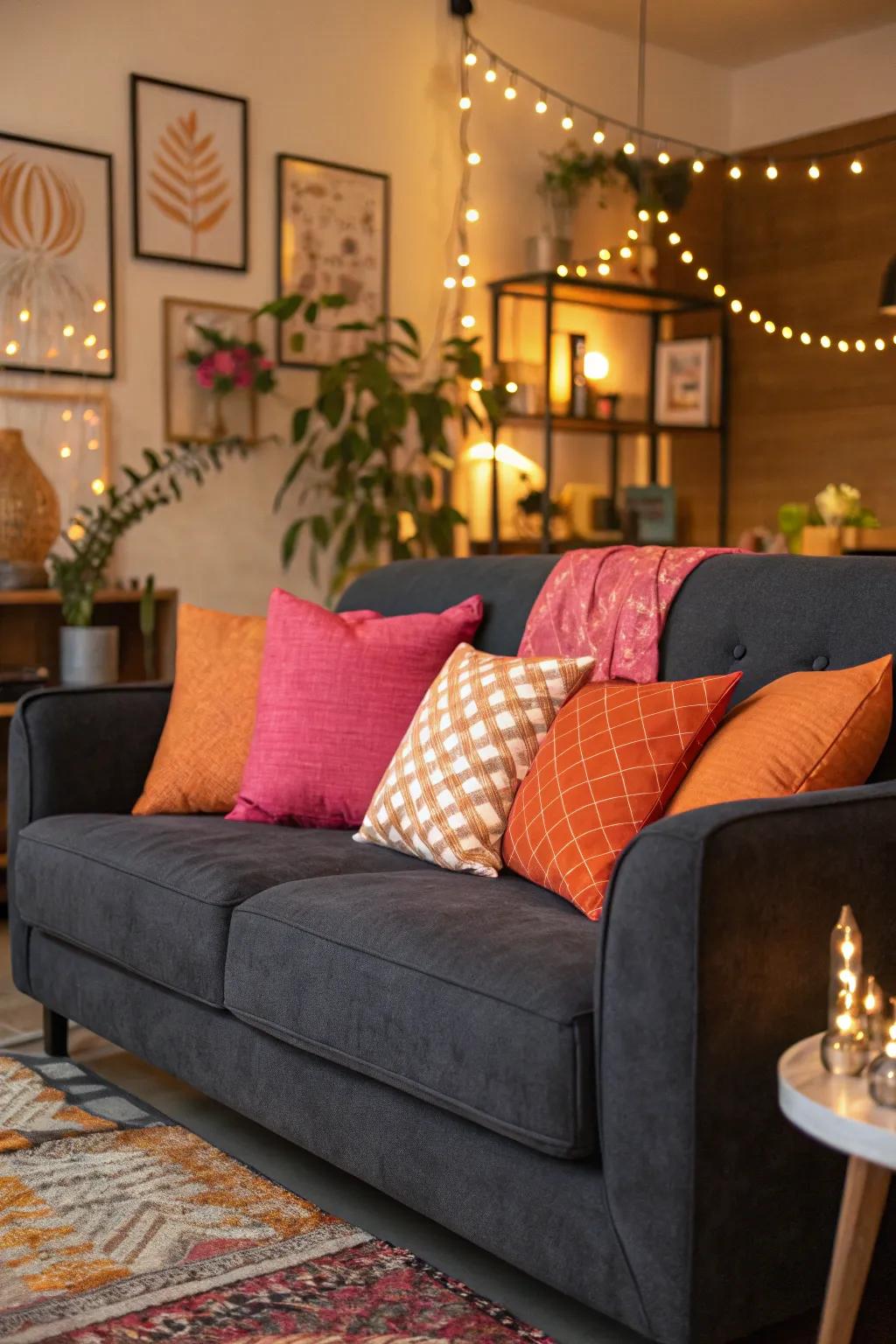 Pink and orange pillows offer a playful pop of color on a dark grey couch.