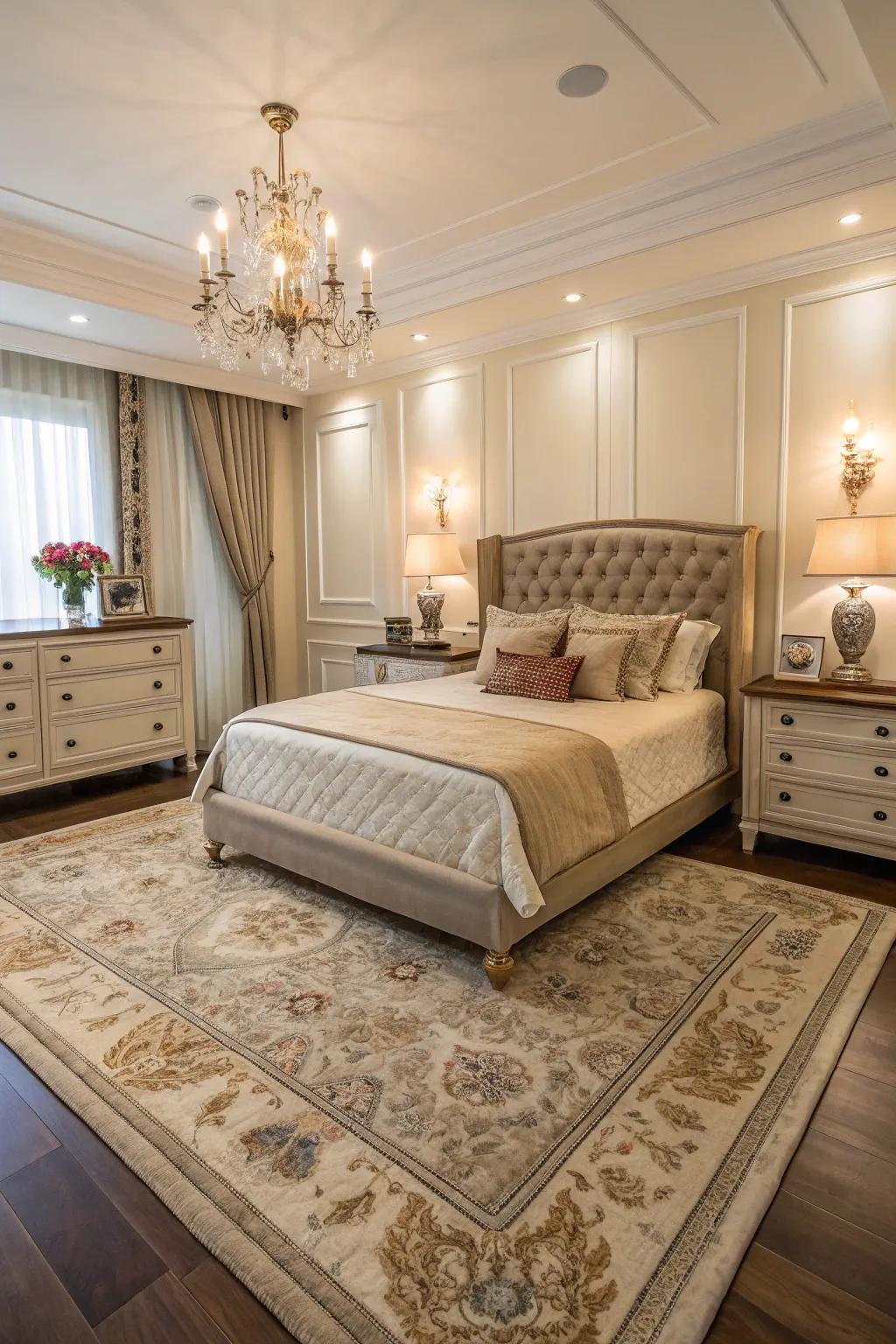 The 9x12 rug provides an elegant and unified base for a lavish bedroom.