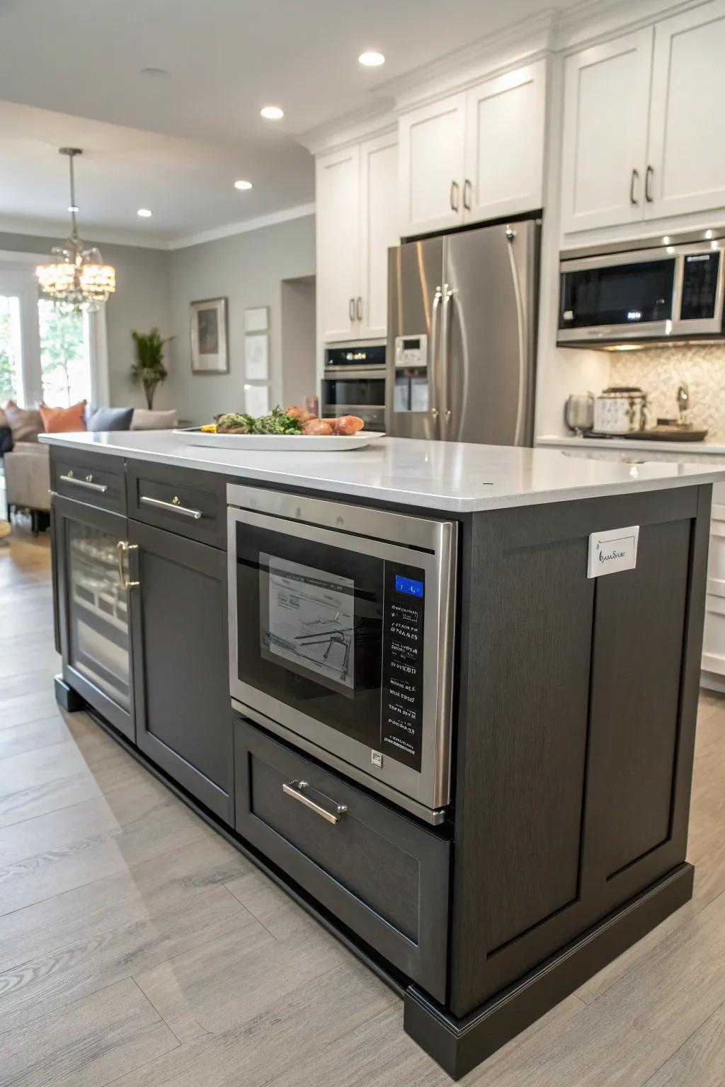 A culinary island featuring an integrated microwave enhances functionality and stream.