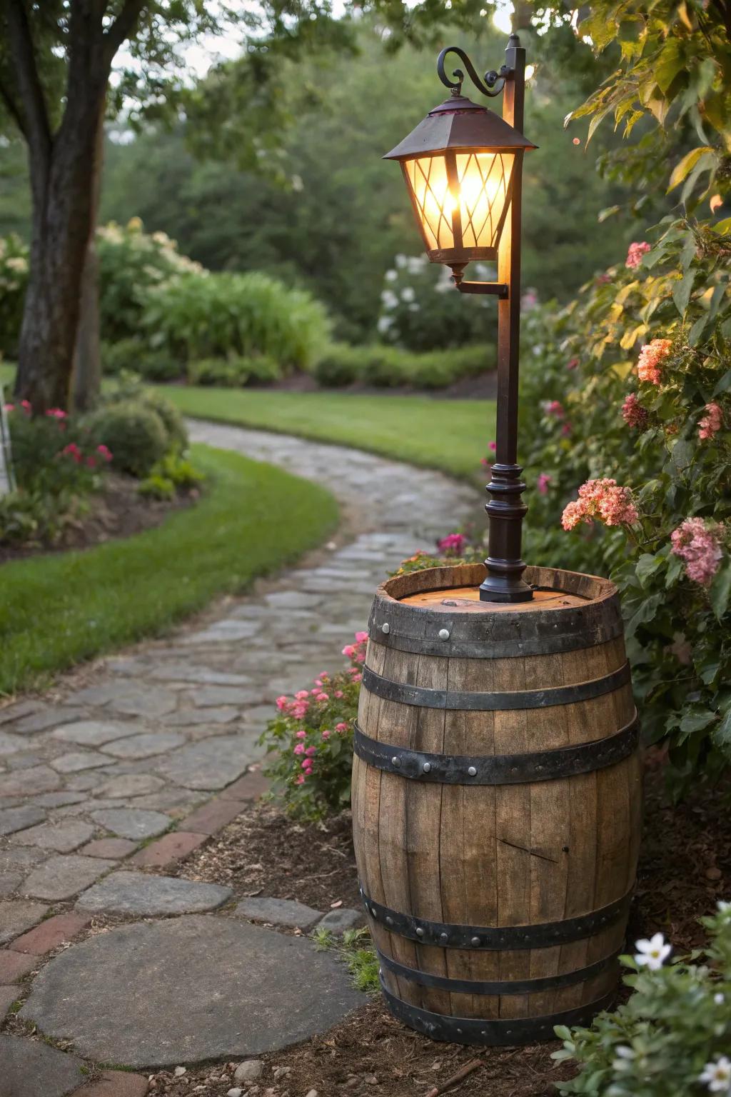 A country-style refurbished cask lamp stand illuminating a garden path.