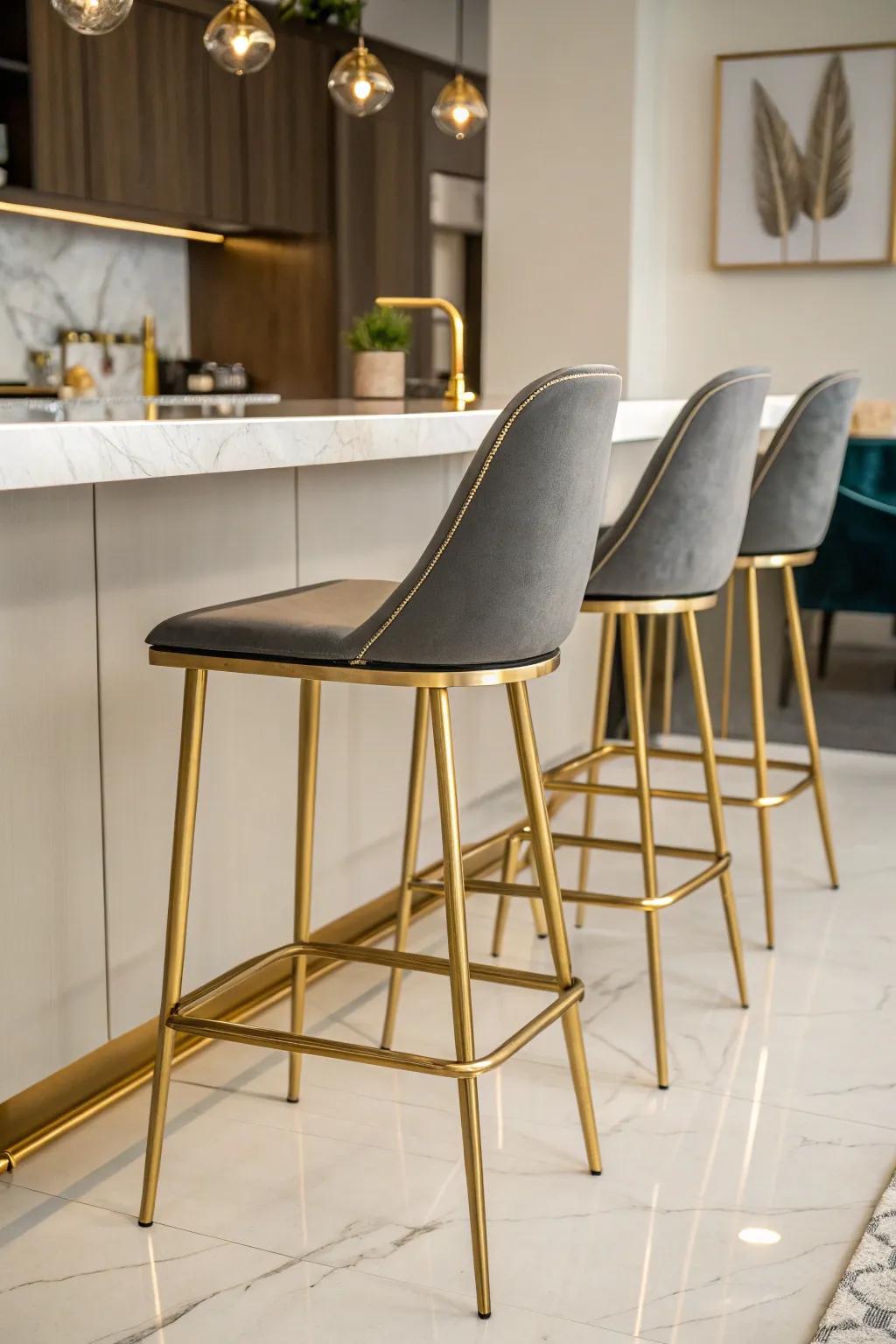 Bar stools featuring gold details help unify the look and add flair.