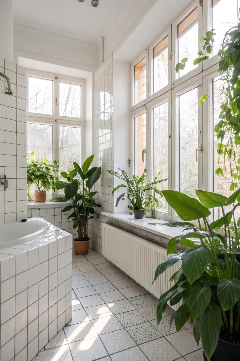 Sunlight and greenery amplify the charm of white tiles.