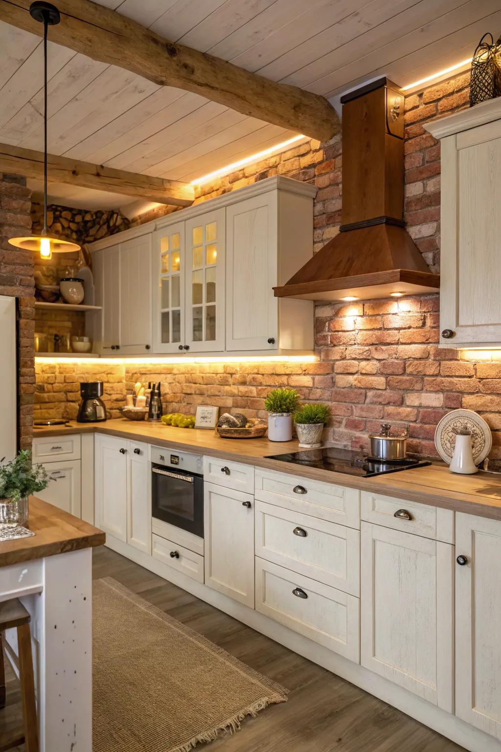 Down-to-earth brick backsplash bringing warmth to a cooking space featuring white cabinets.