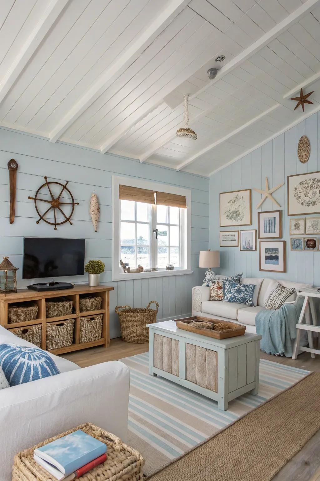 A coastal living space featuring a white ceiling, ideal for achieving a relaxed and breezy ambiance.