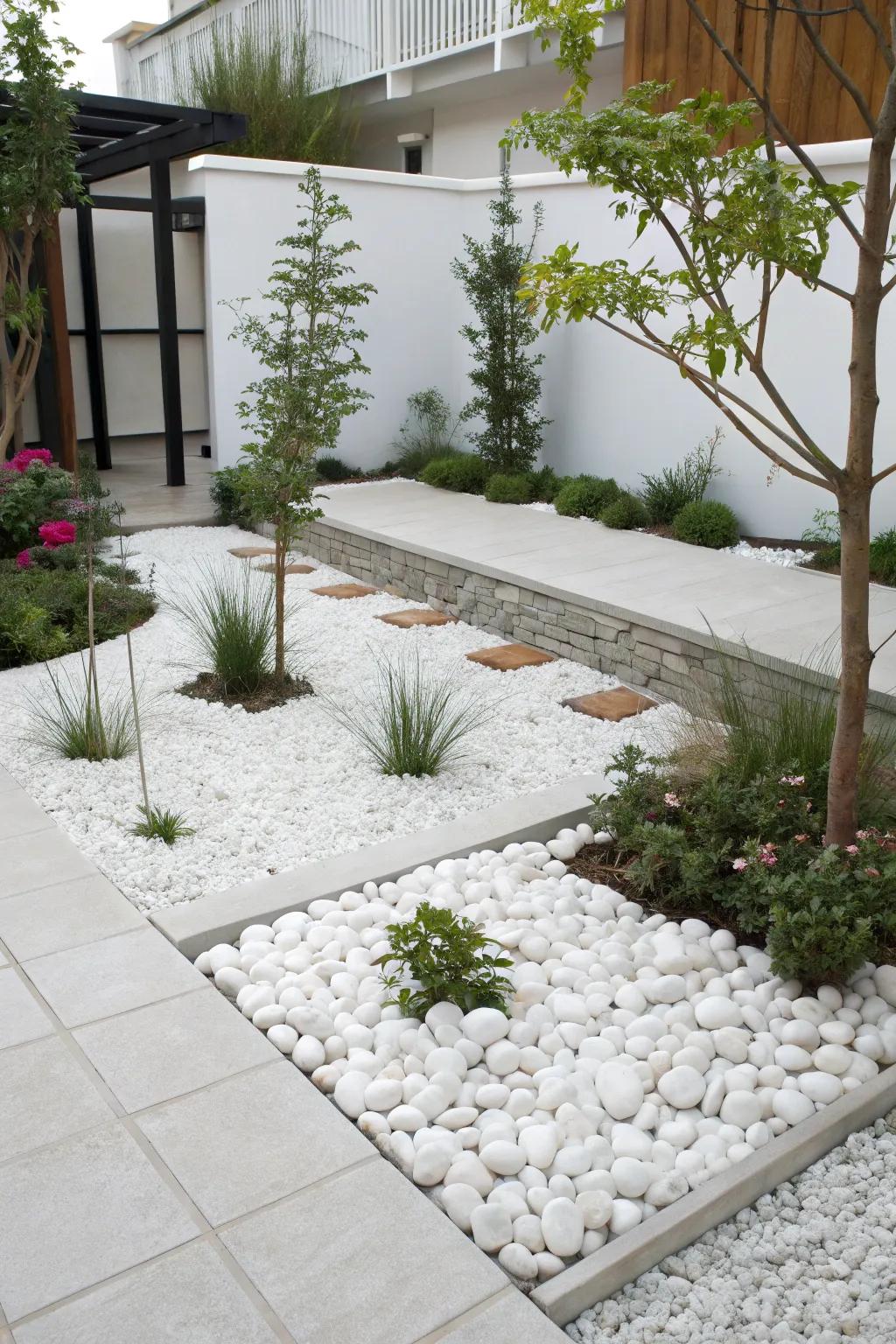 Alabaster pebbles present a modern and minimalist garden aspect.