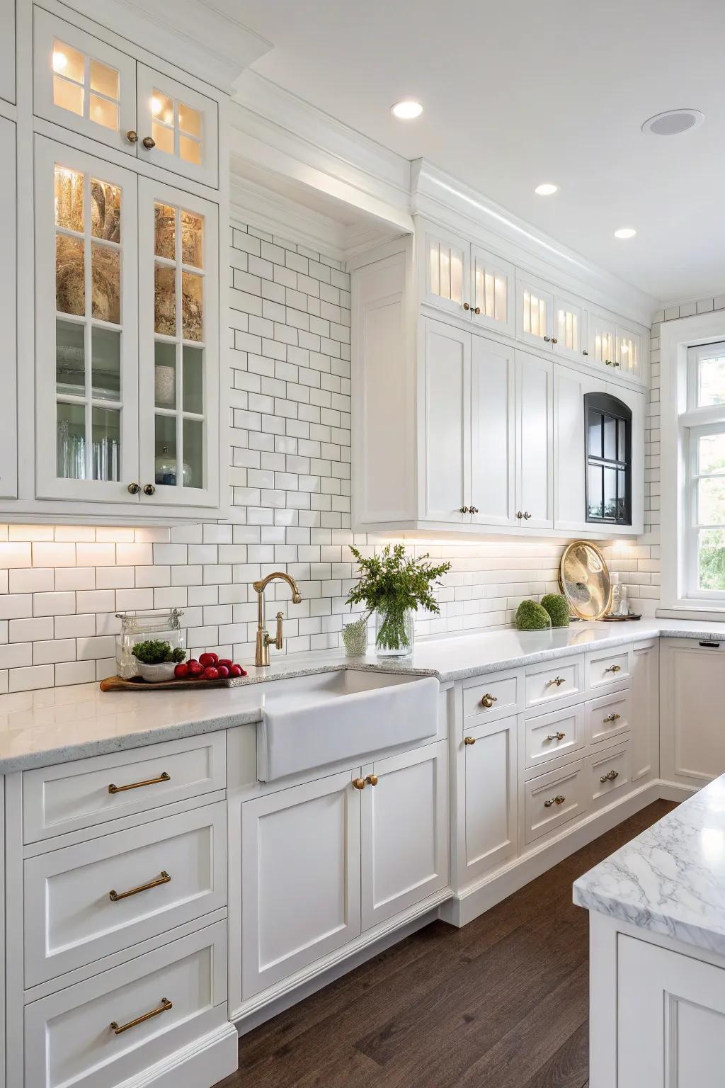 Subway tile backsplash adds texture to the crisp white kitchen.
