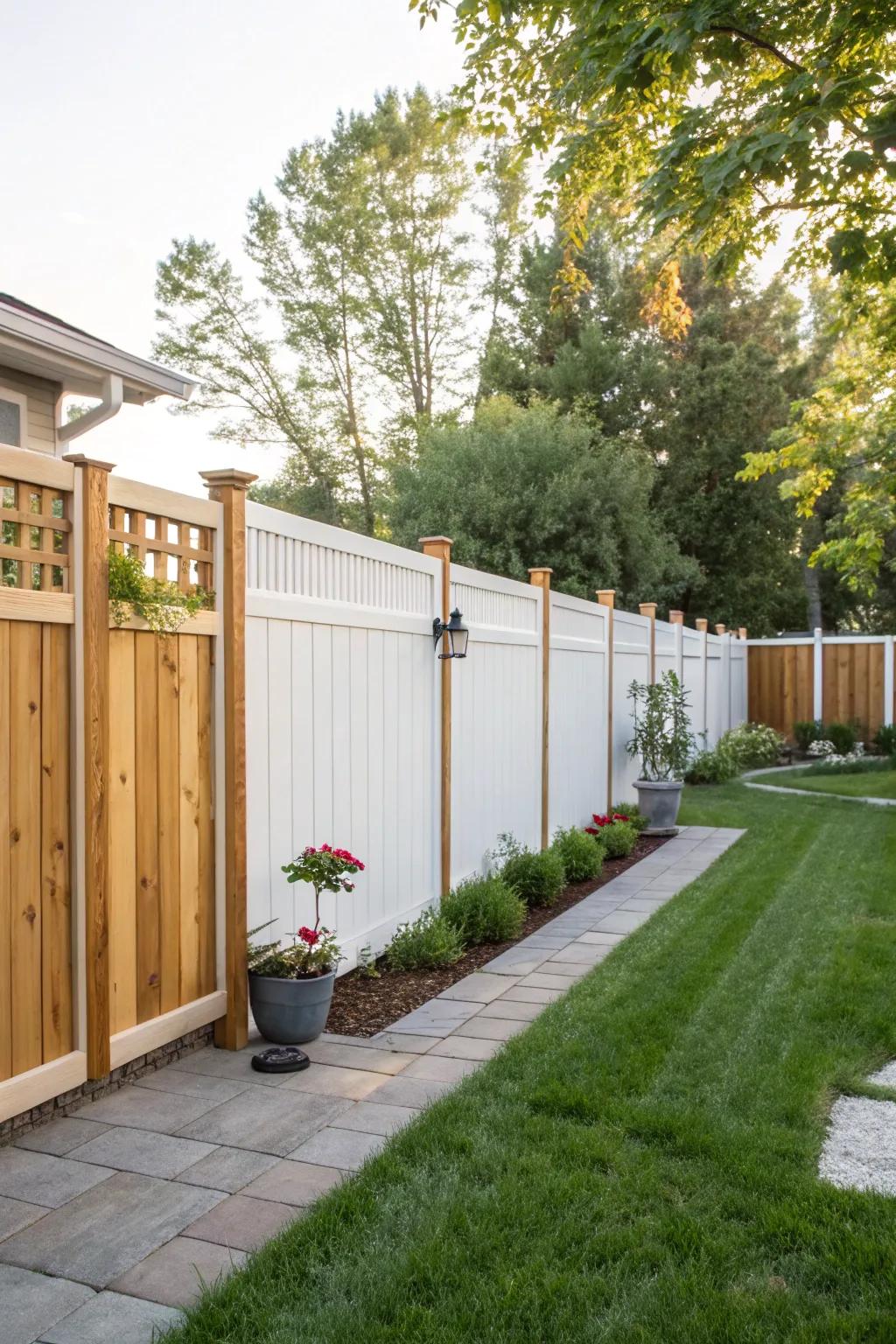 A mixed material fence blends white panels and natural wood for a cozy, welcoming appearance.