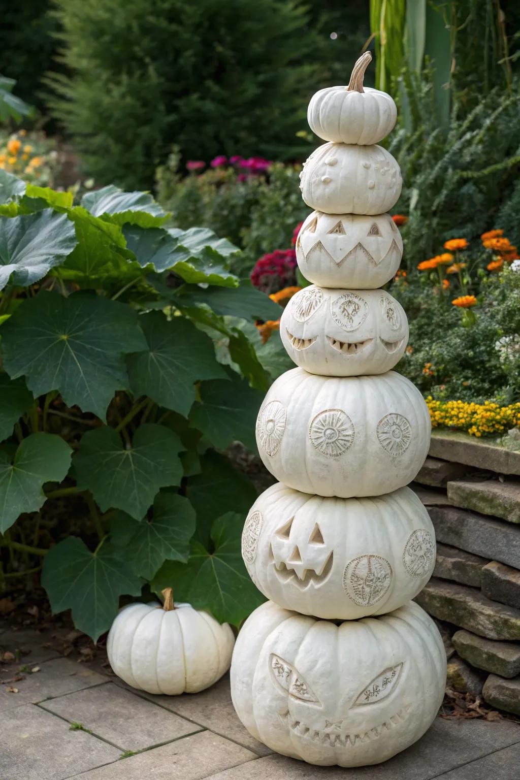 A striking column of piled white pumpkins for a dramatic effect.