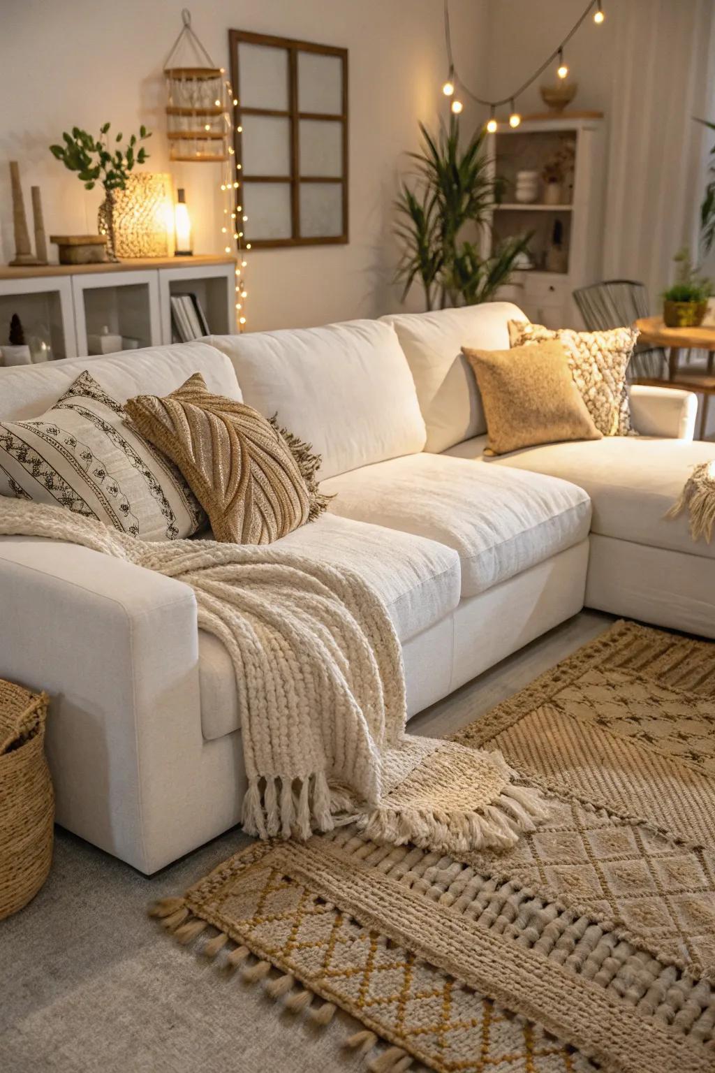 Texture introduces dimension to a living space that features a white modular sofa.