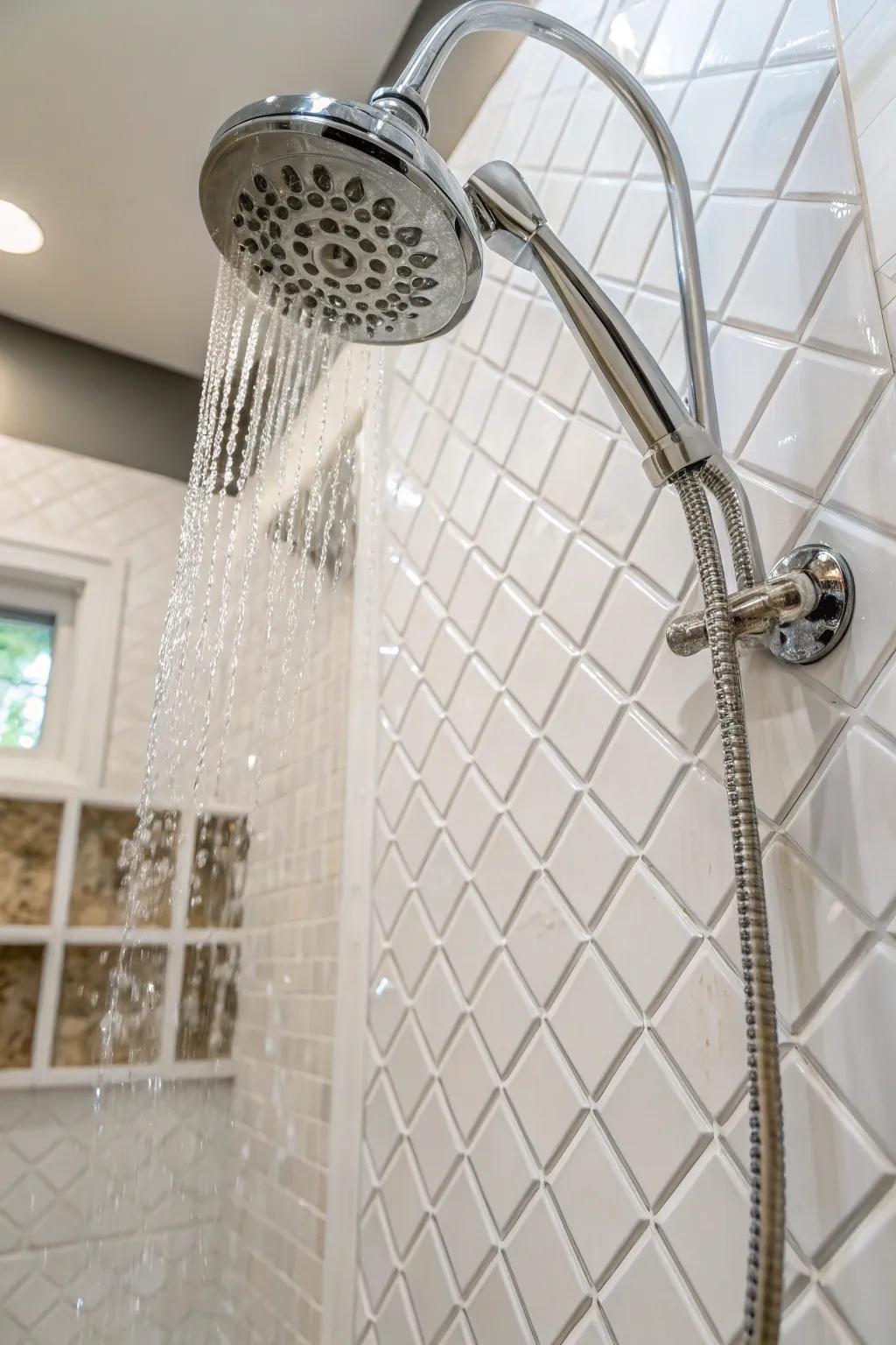 A white shower featuring mixed lustrous and subdued textures.