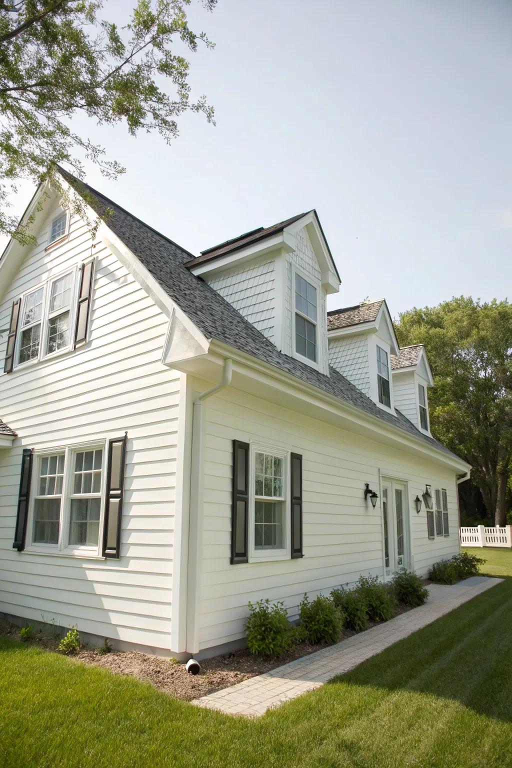 A delightful residence presenting white vinyl siding and traditional upper-story windows.