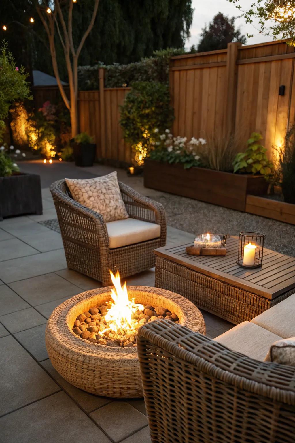 A cozy blaze pit setting with wicker furnishings.
