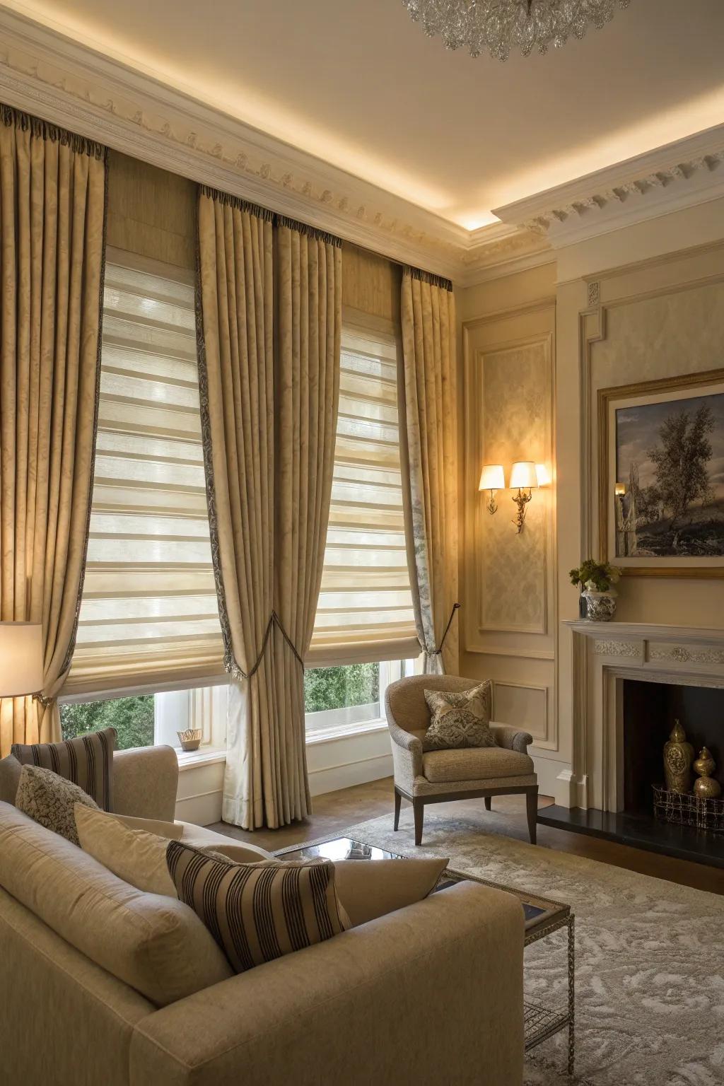Layered blinds and curtains creating a luxurious living room atmosphere.