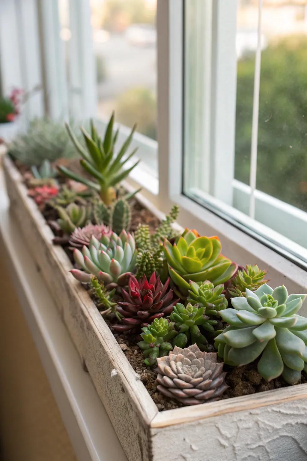 A serene presentation of succulents in a window box