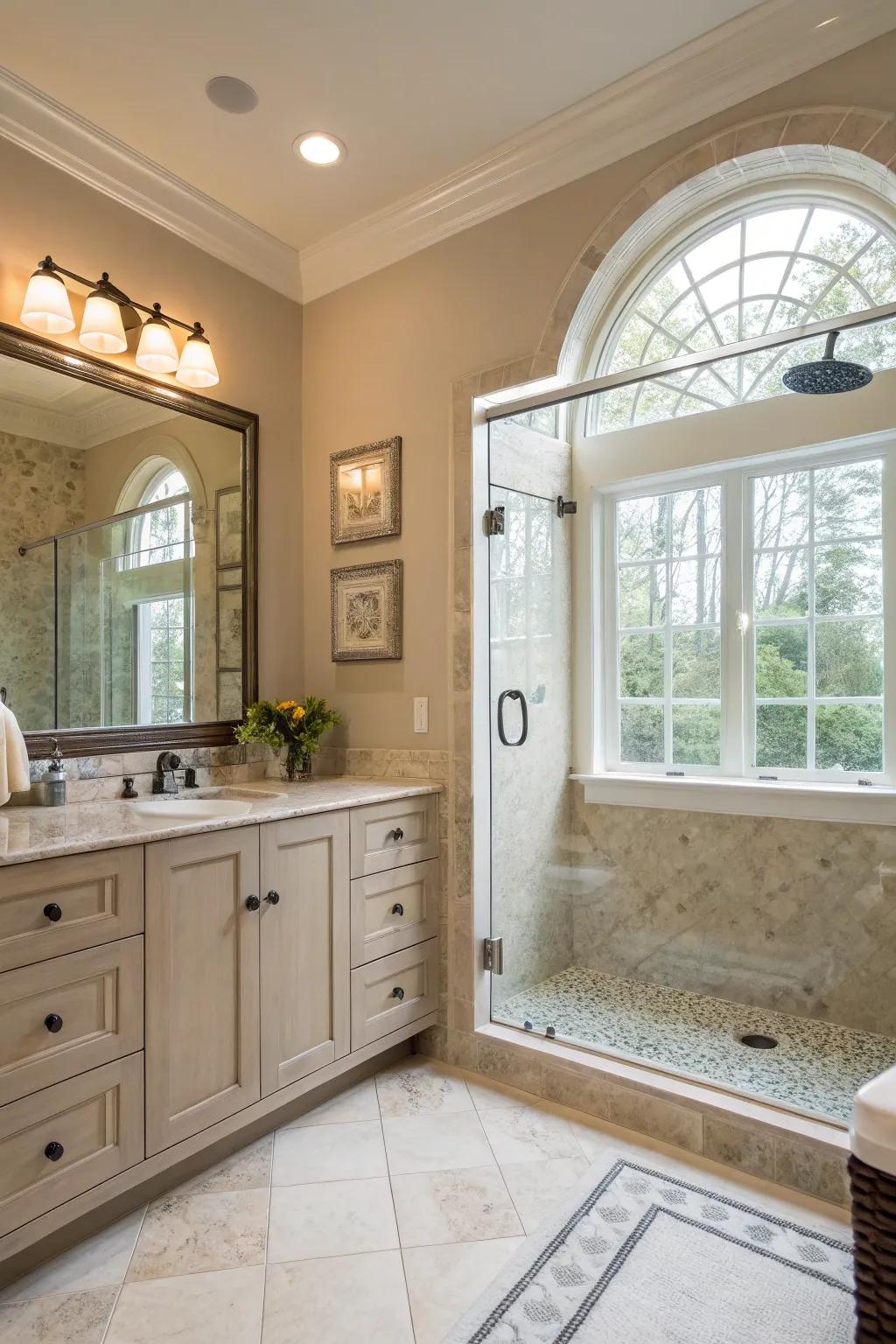 A transom window offers quiet natural light high up in the shower space.