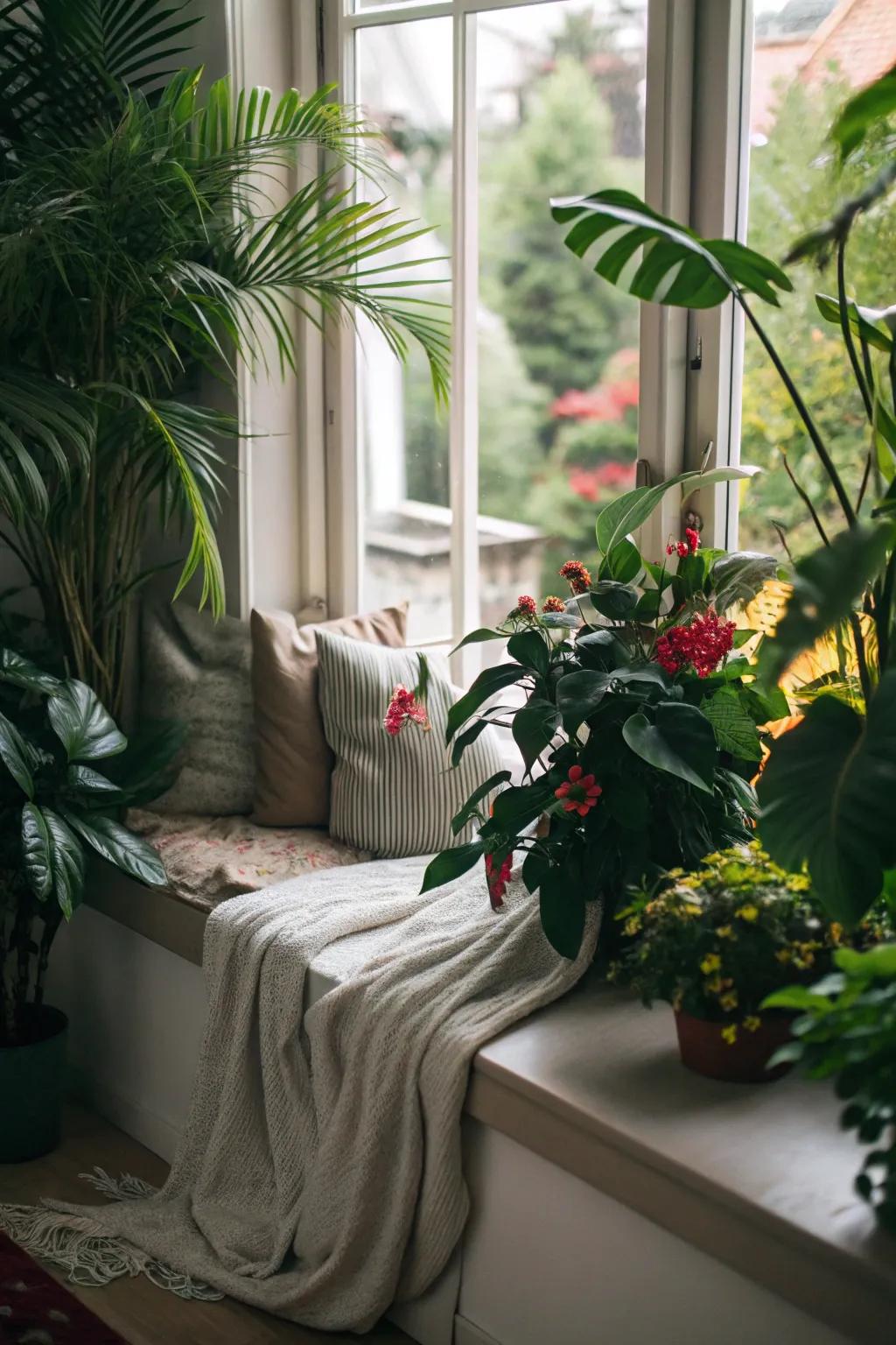 A window seat brightened with lush greenery, producing a refreshing and peaceful setting.