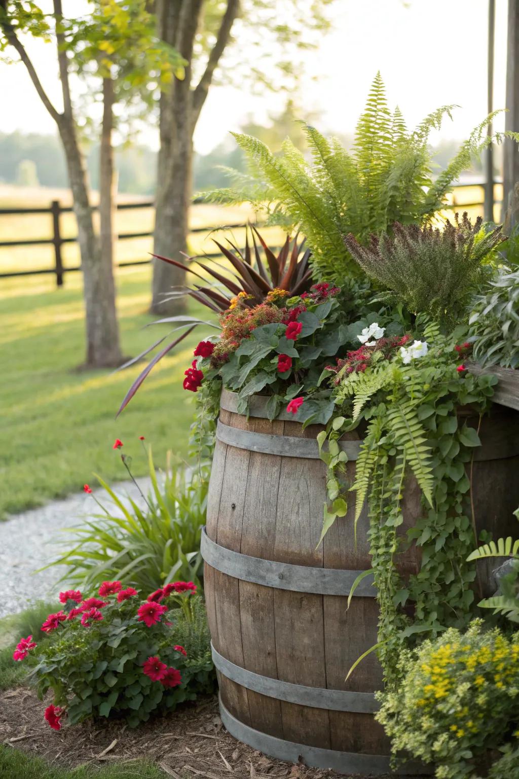 Tiered plants adding dimension to a wine barrel pot.
