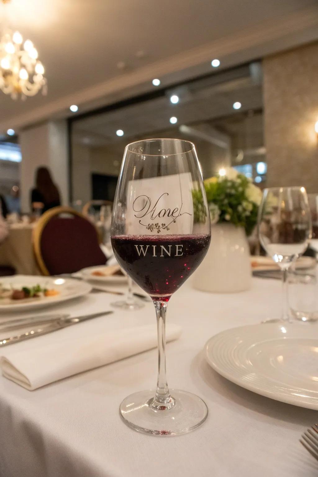 Custom messages on wine glasses make every cheers special.