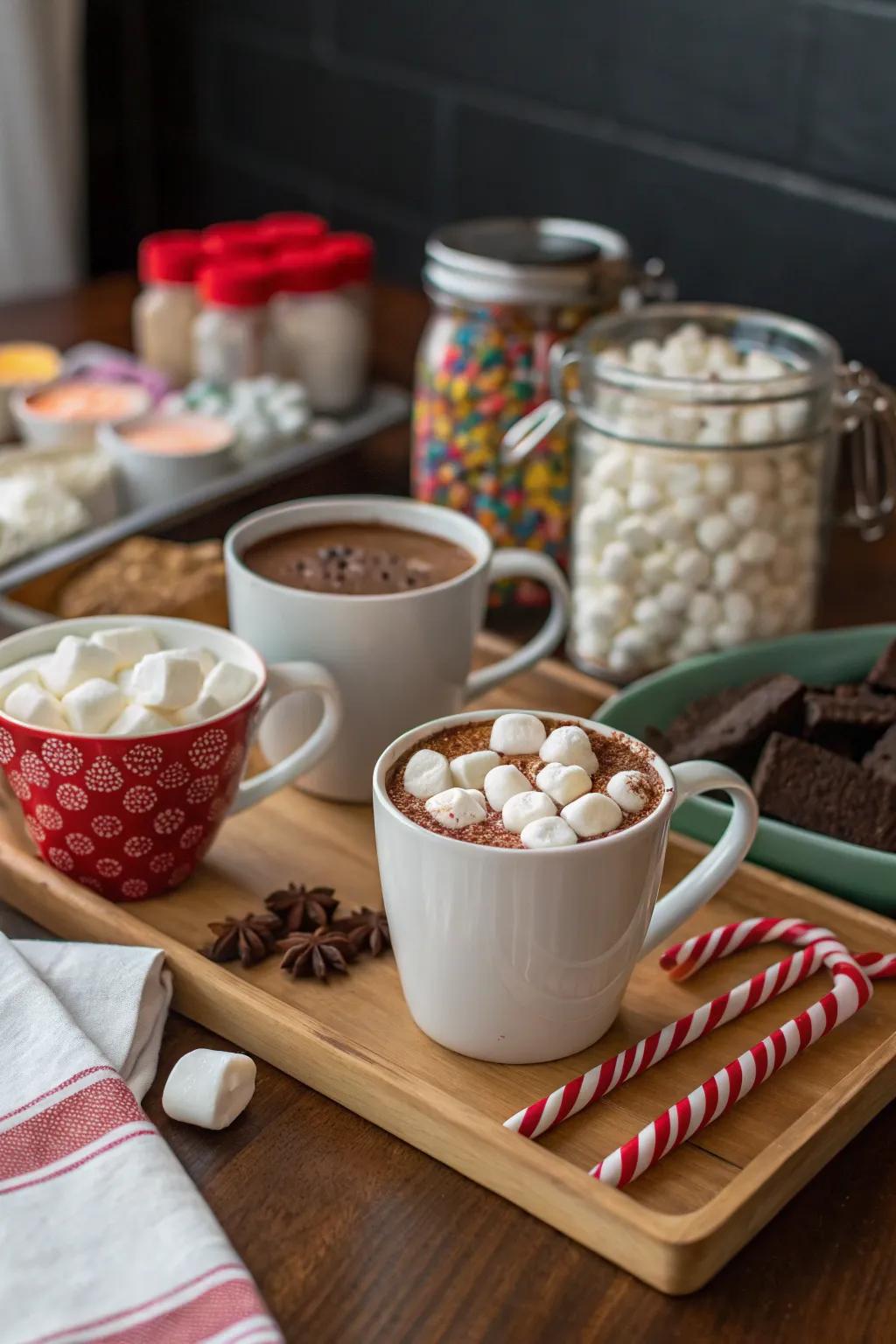 A comfortable hot chocolate bar perfect for a wintertime baby shower.