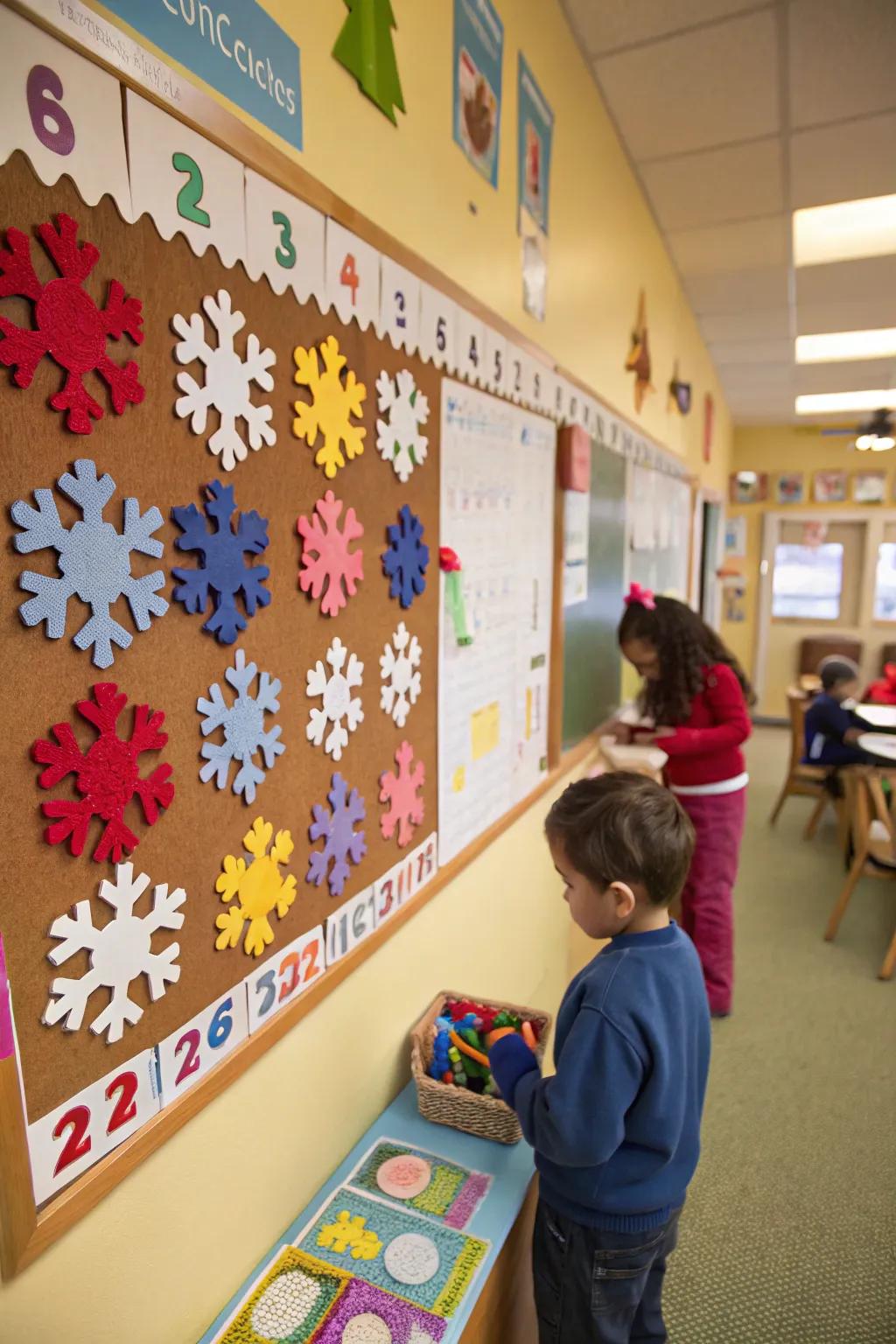 Interactive flakes entice playful counting on the bulletin board.