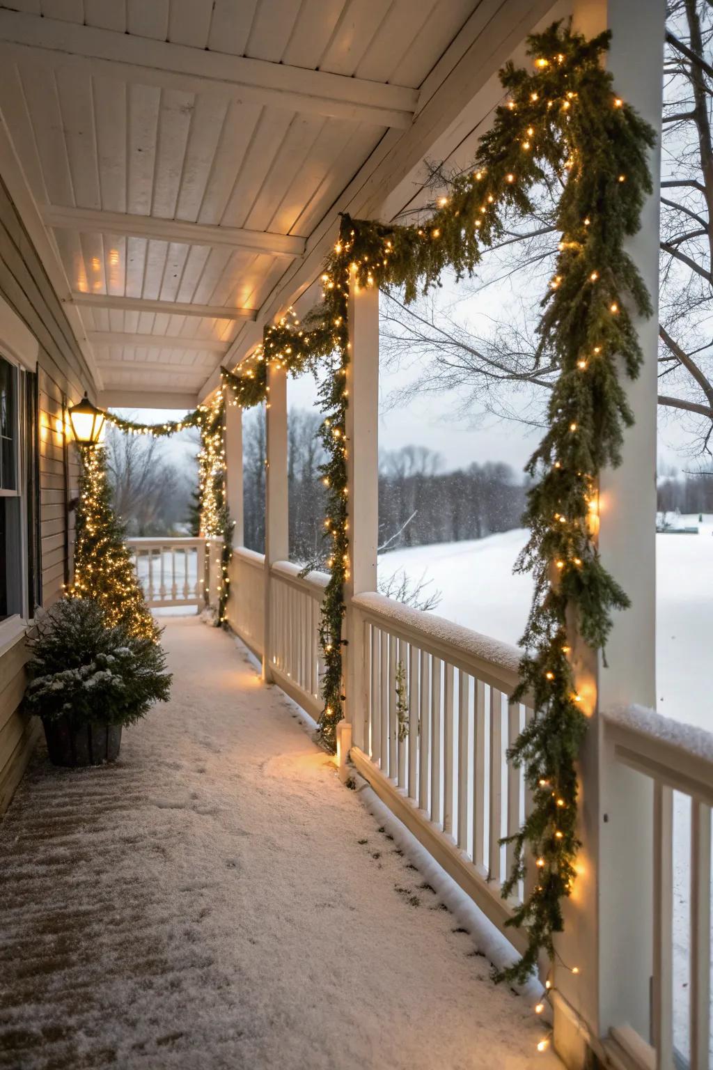 Glimmering illuminating lines interlaced across festoons on a winter porch.