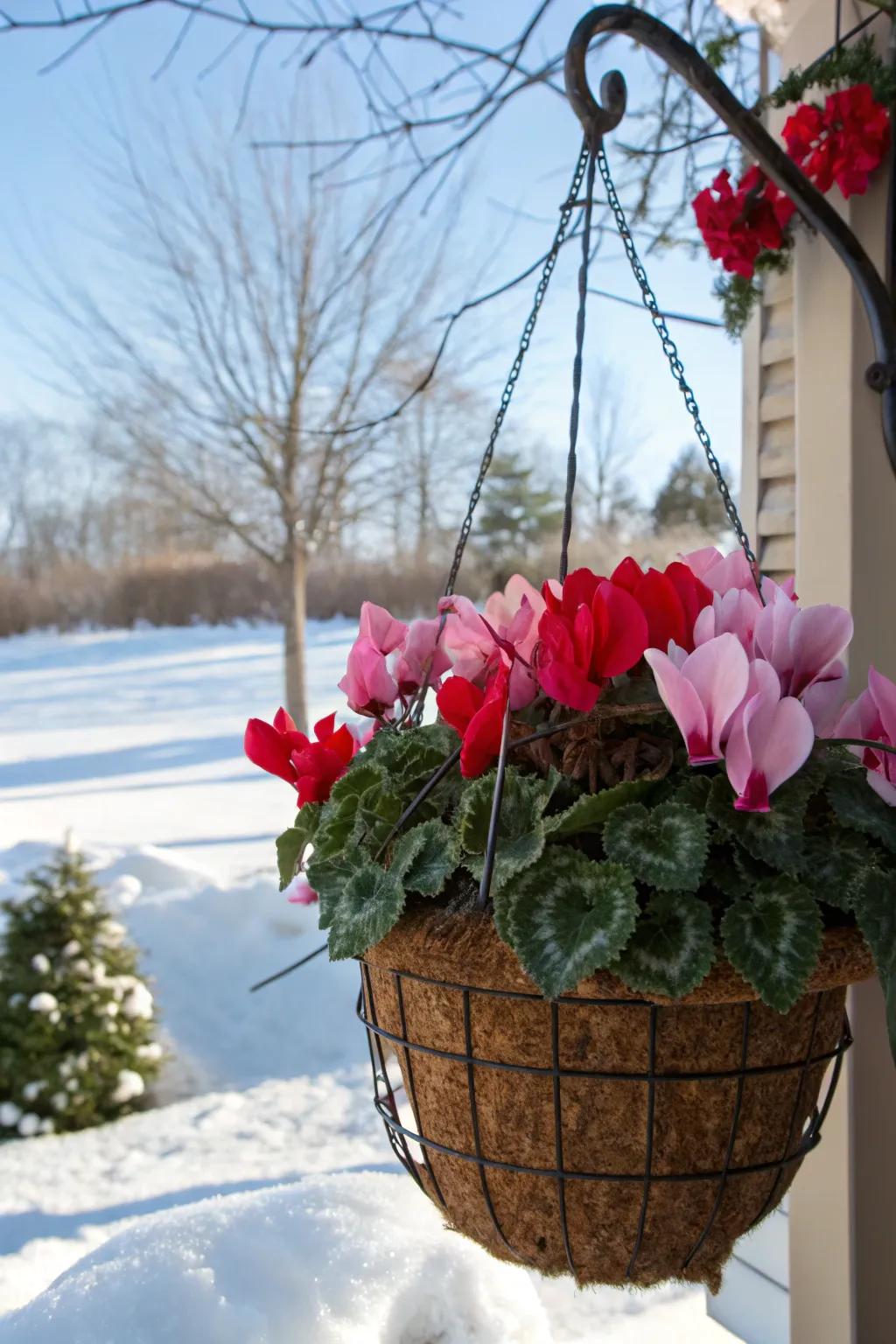 Cyclamen flowers brighten any winter basket.