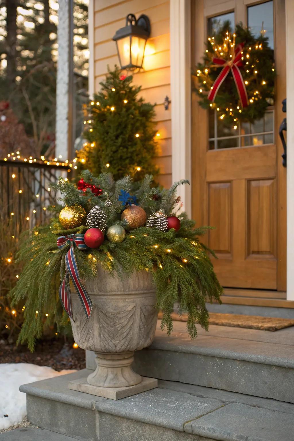 Holiday decorations transform containers into celebratory centerpieces.