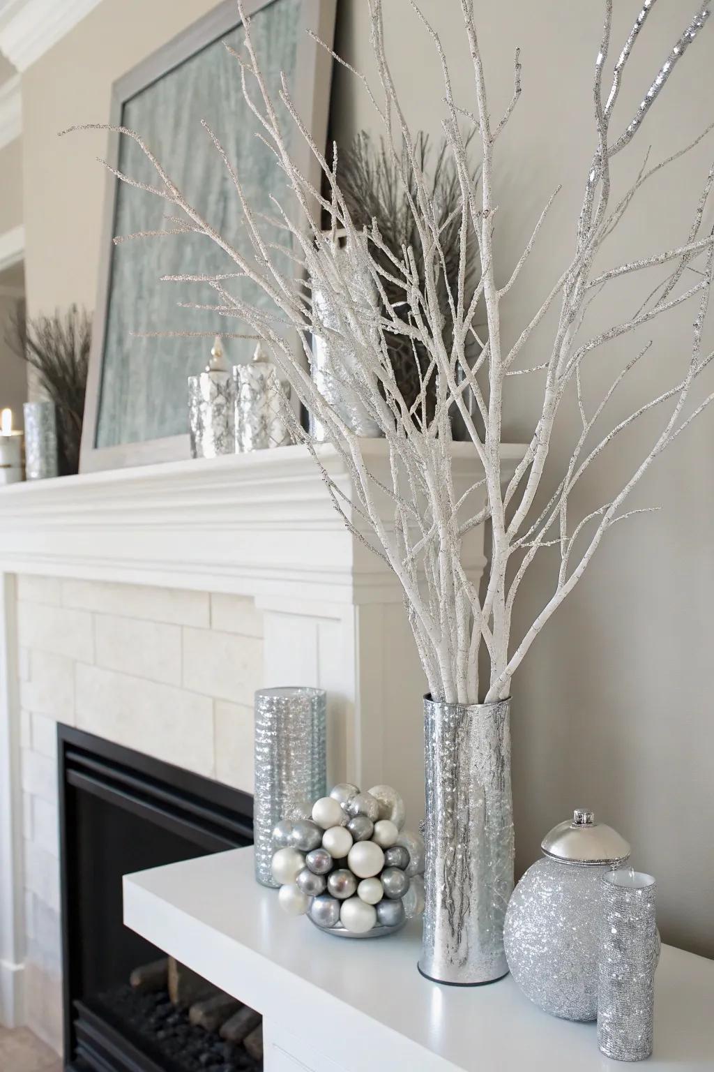 A minimalist approach featuring white boughs establishes sophistication.