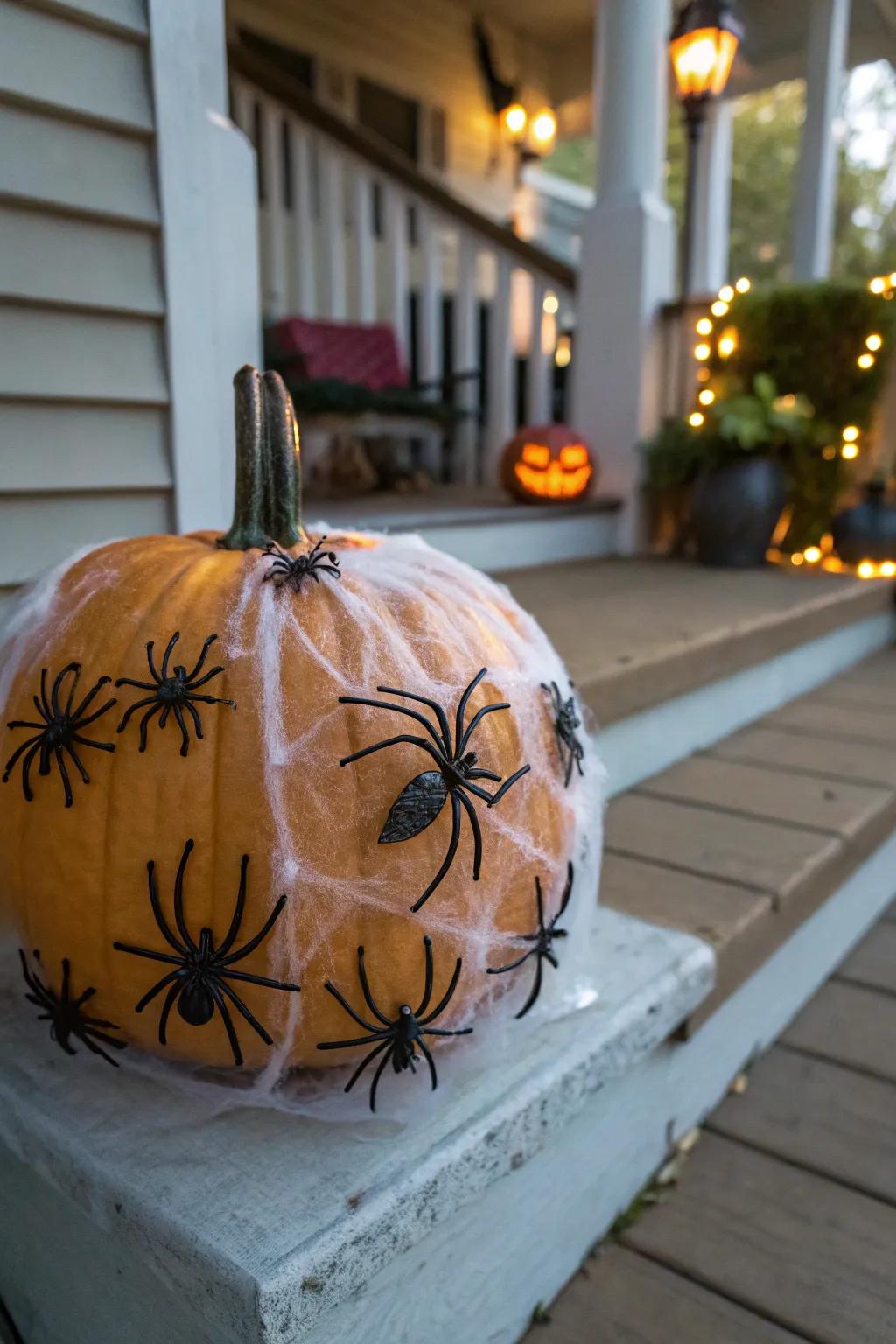 Pumpkin enveloped in eerie spider-webs.