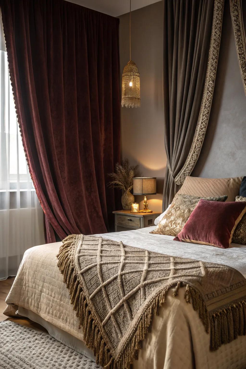 Luxurious fabrics add warmth and dimension to a witchy bedroom.