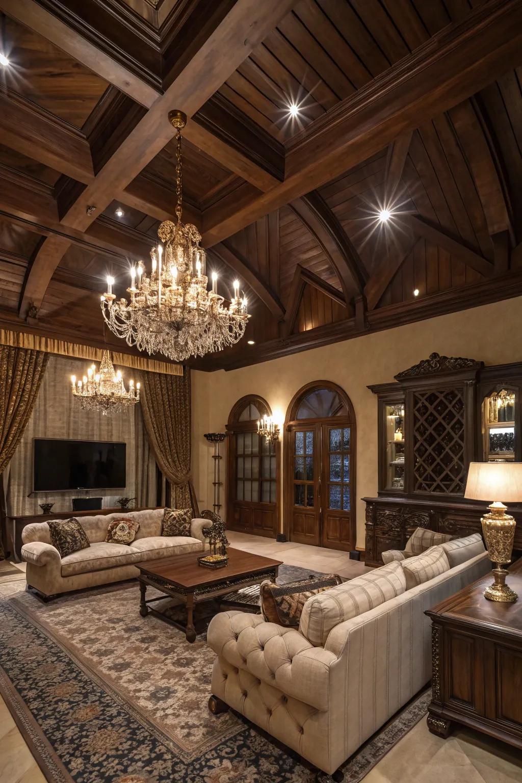Deep-toned wood ceilings incorporate drama and warmth.