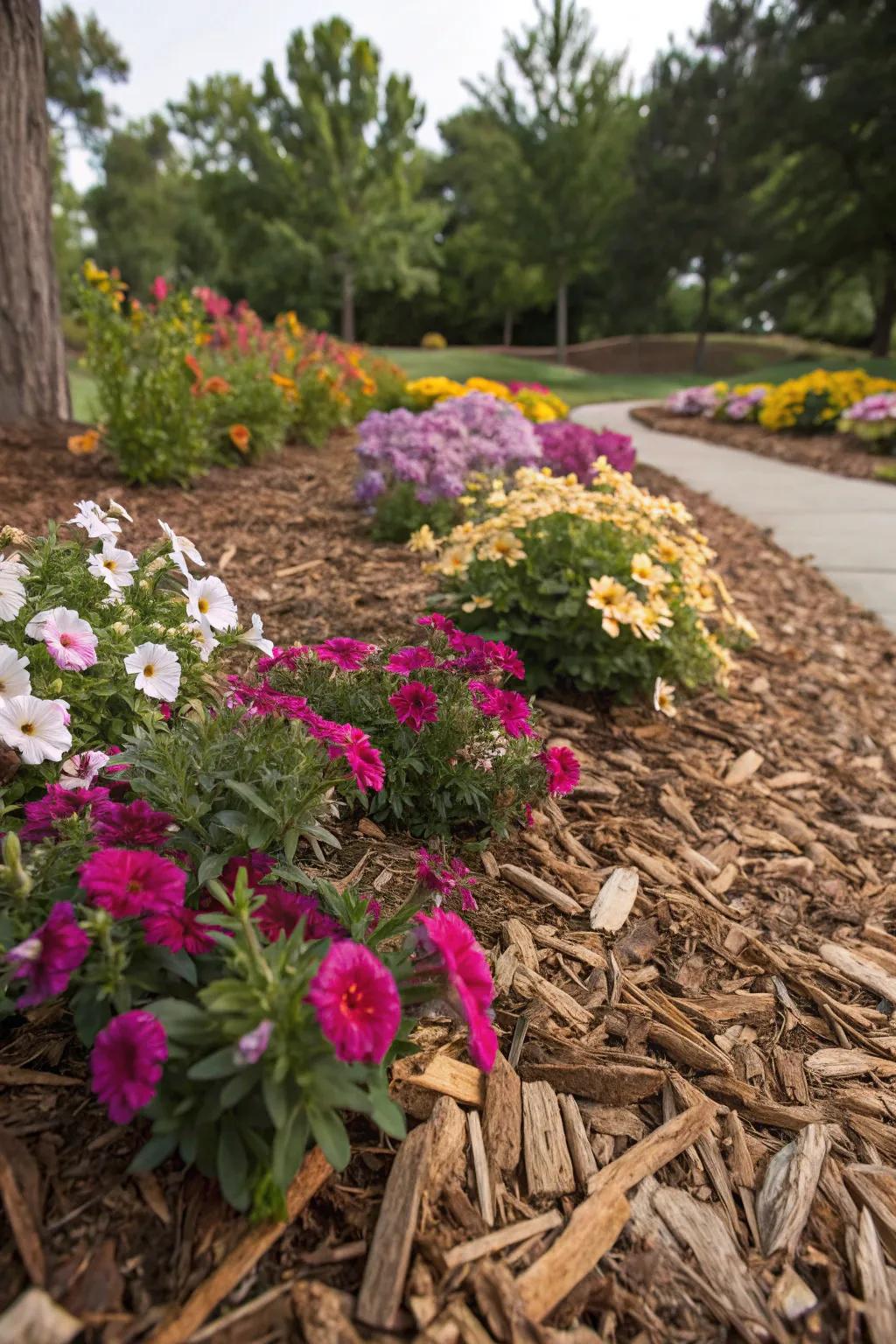 Wood chips contribute texture and visual depth to blossom patches.