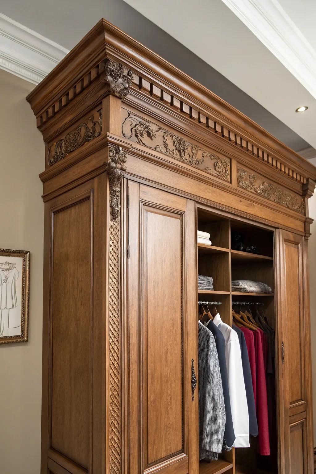 Cornice detailing contributes a sophisticated aspect to any closet.