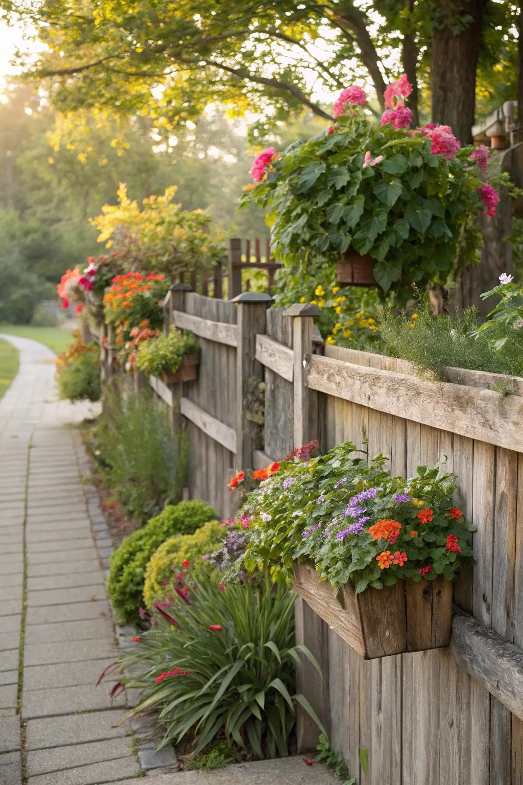 Fences integrated with planters add natural charm and practicality.