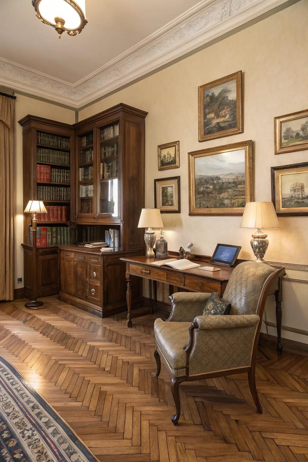 Herringbone designs introduce sophistication to any space.