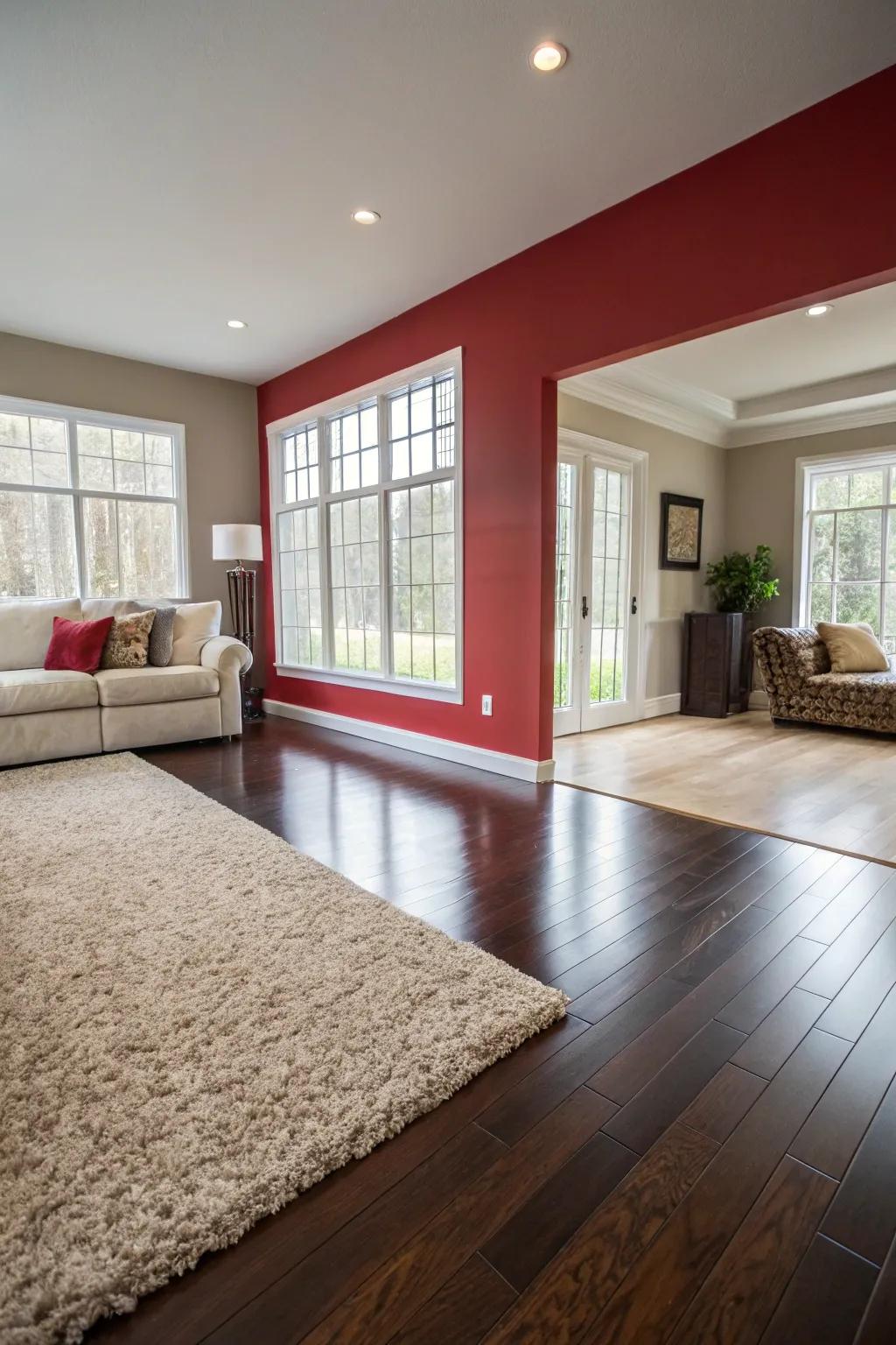 Contrasting shades in flooring transitions inject boldness and delineate spaces.